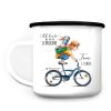 Auf dem Bild ist das Produkt: Kindertasse Emaille Becher Junge auf dem Fahrrad Schulkind Einschulung Geschenk Schulkind, Schulanfang Wunschname zum Preis von €18.9 abgebildet.