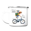 Auf dem Bild ist das Produkt: Kindertasse Emaille Becher Junge auf dem Fahrrad Schulkind Einschulung Geschenk Schulkind, Schulanfang Wunschname zum Preis von €18.9 abgebildet.