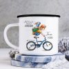 Auf dem Bild ist das Produkt: Kindertasse Emaille Becher Junge auf dem Fahrrad Schulkind Einschulung Geschenk Schulkind, Schulanfang Wunschname zum Preis von €18.9 abgebildet.