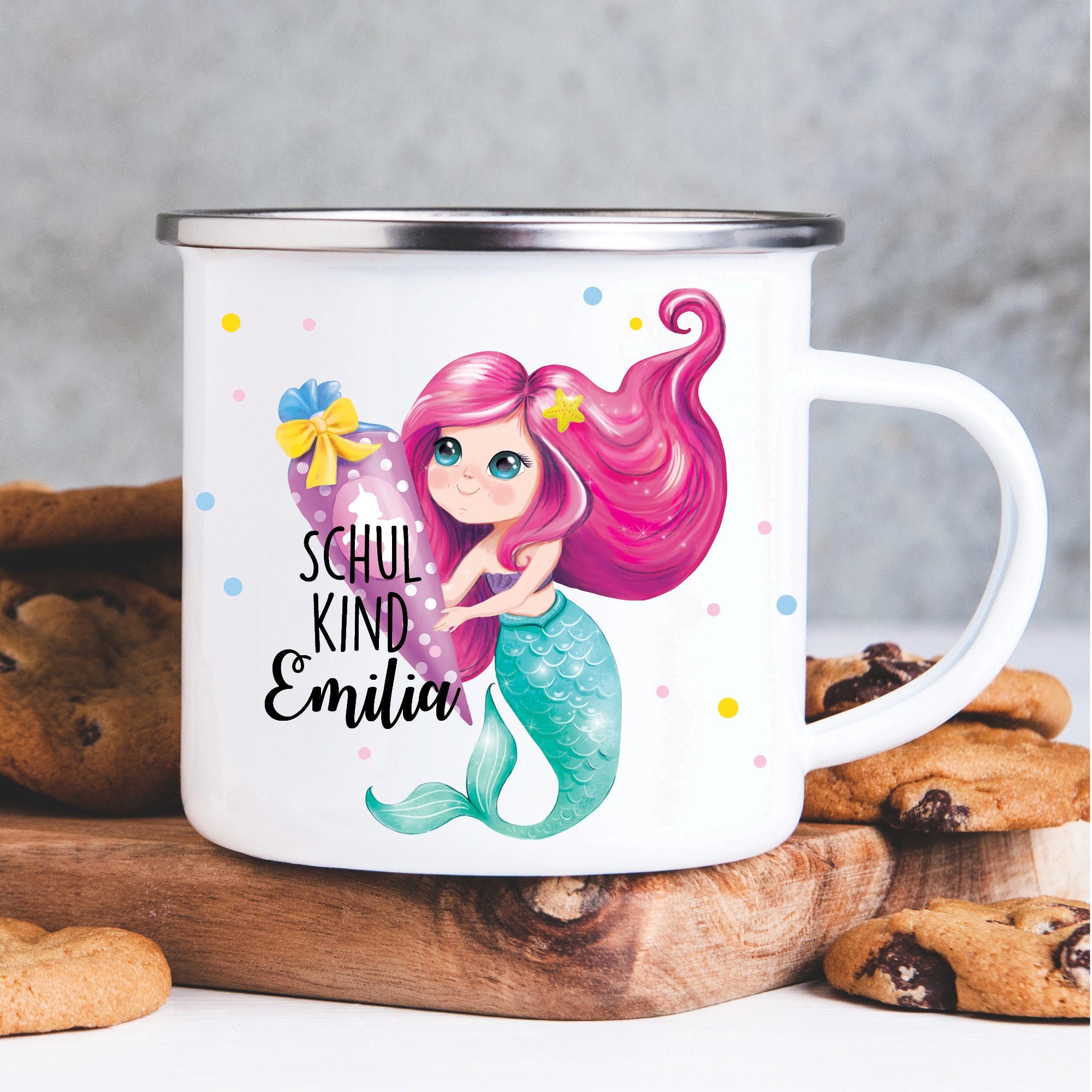 Kindertasse Emaille Becher Meerjungfrau rosa Mädchen Schulkind Einschulung Geschenk Schulanfang