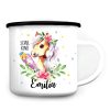 Auf dem Bild ist das Produkt: Kindertasse Emaille Becher Pferd Blumen rosa Mädchen, personalisiert mit Wunschnamen, Schulkind Einschulung, Geschenk Geburtstag zum Preis von €18.9 abgebildet.