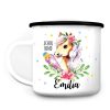 Auf dem Bild ist das Produkt: Kindertasse Emaille Becher Pferd Blumen rosa Mädchen, personalisiert mit Wunschnamen, Schulkind Einschulung, Geschenk Geburtstag zum Preis von €18.9 abgebildet.