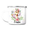 Auf dem Bild ist das Produkt: Kindertasse Emaille Becher Pferd Blumen rosa Mädchen, personalisiert mit Wunschnamen, Schulkind Einschulung, Geschenk Geburtstag zum Preis von €18.9 abgebildet.