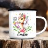 Auf dem Bild ist das Produkt: Kindertasse Emaille Becher Pferd Blumen rosa Mädchen, personalisiert mit Wunschnamen, Schulkind Einschulung, Geschenk Geburtstag zum Preis von €18.9 abgebildet.