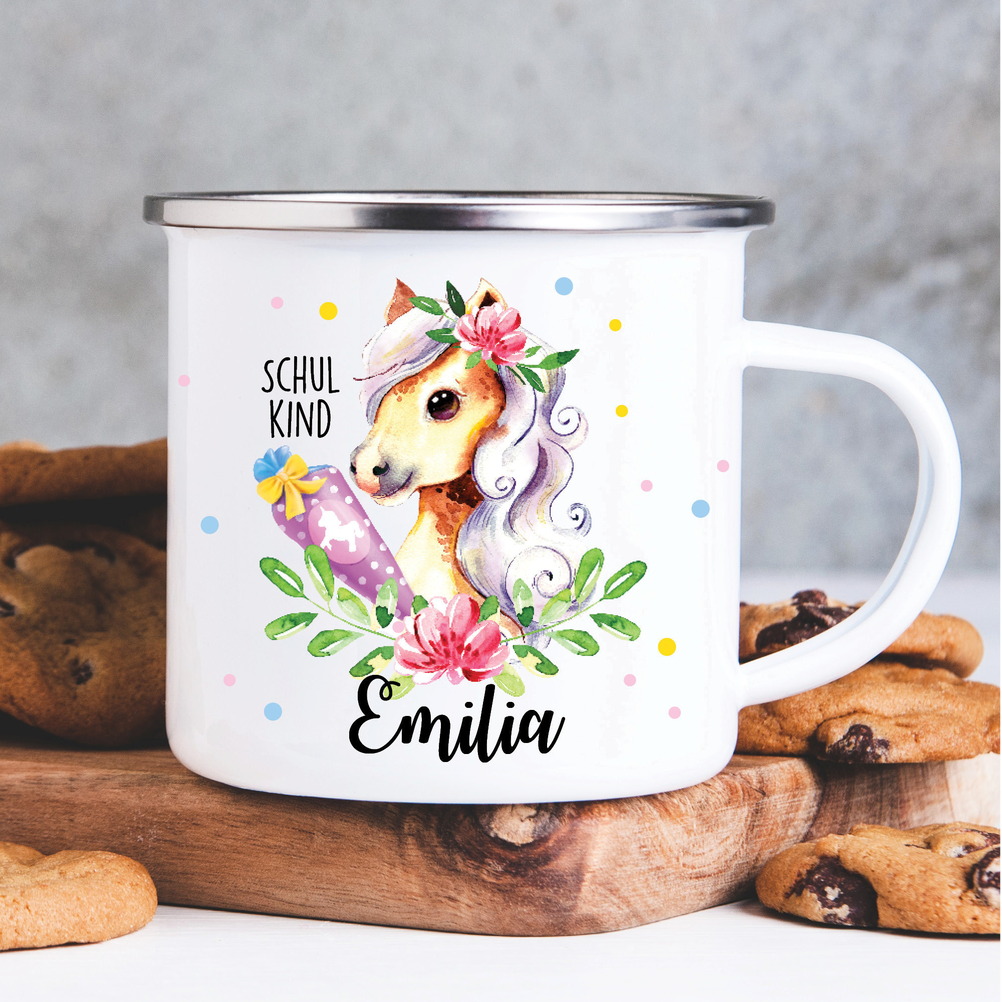 Kindertasse Emaille Becher Pferd Blumen rosa Mädchen, personalisiert mit Wunschnamen, Schulkind Einschulung, Geschenk Geburtstag