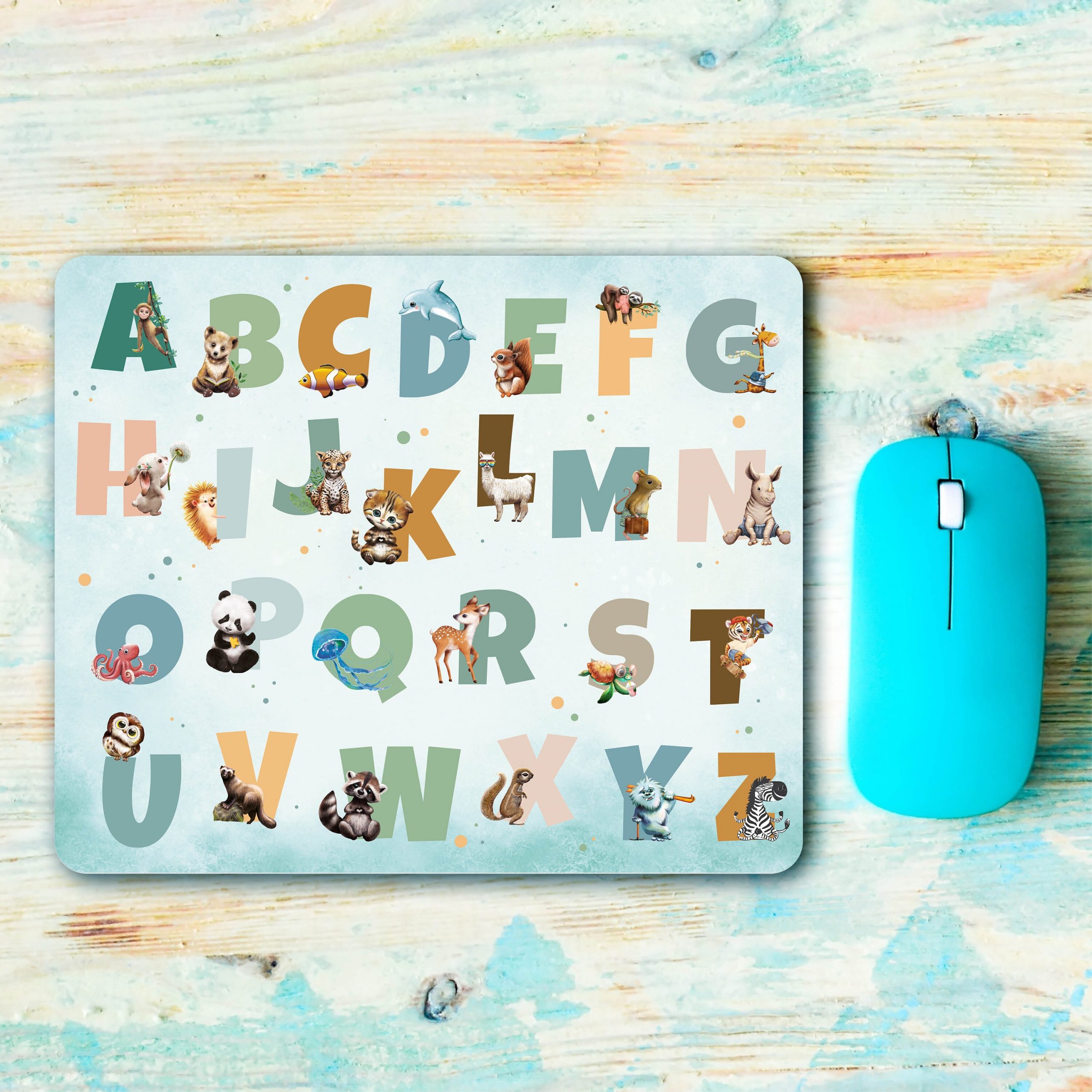 Mauspad Mousepad Büro Alphabet und Tiere, Geschenk Geburtstag, Einschulungsgeschenk
