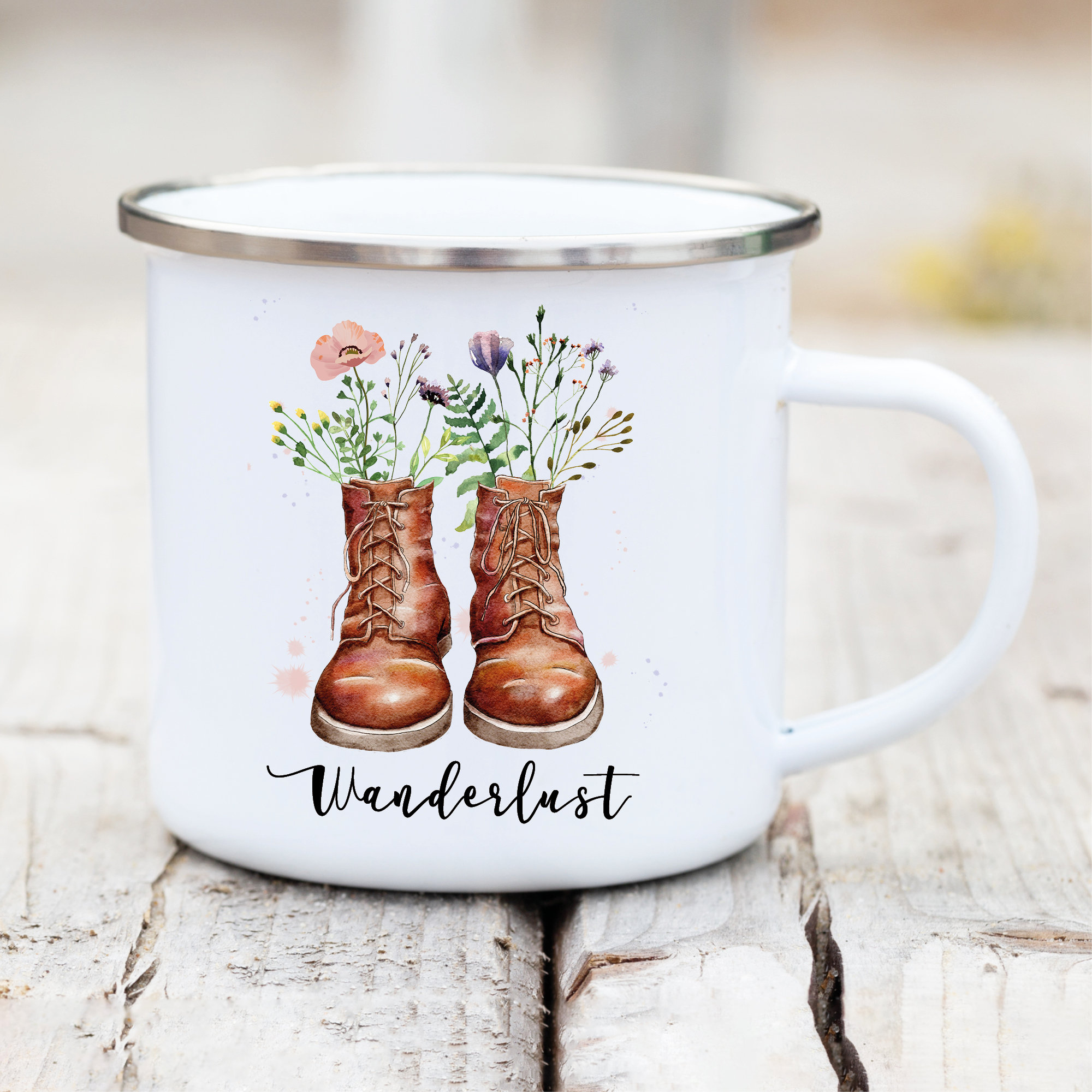 Tasse Campingbecher Emaille mit Wildblumen Gräsern in Wanderstiefeln Wanderlust Natur Naturliebhaber Camper