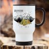 Auf dem Bild ist das Produkt: Edelstahl Thermobecher To Go mit Griff bedruckt Zelt und Berge Adventure begins Geschenk Geburtstag 390 ml zum Preis von €21.9 abgebildet.
