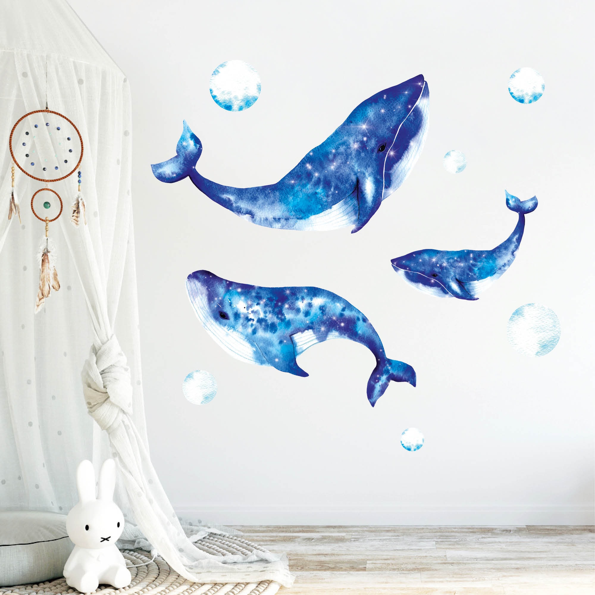 Wandtattoo Kinderzimmer aquarellierte Wale Blasen Dekoration Babyzimmer Badezimmer