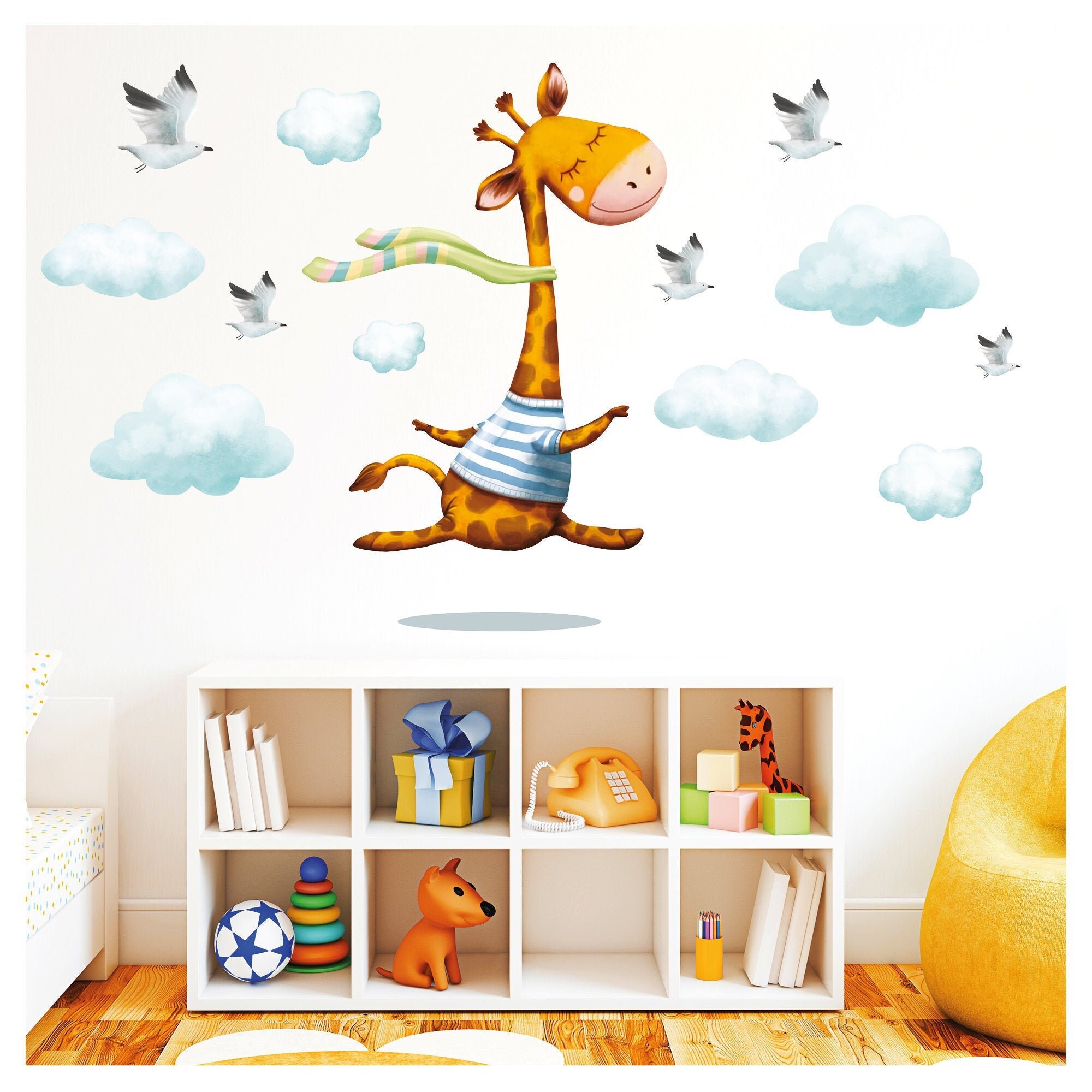 Wandtattoo Kinderzimmer bunt Mädchen Junge Giraffe Wolken Möwen Vögel Dekoration Babyzimmer blau