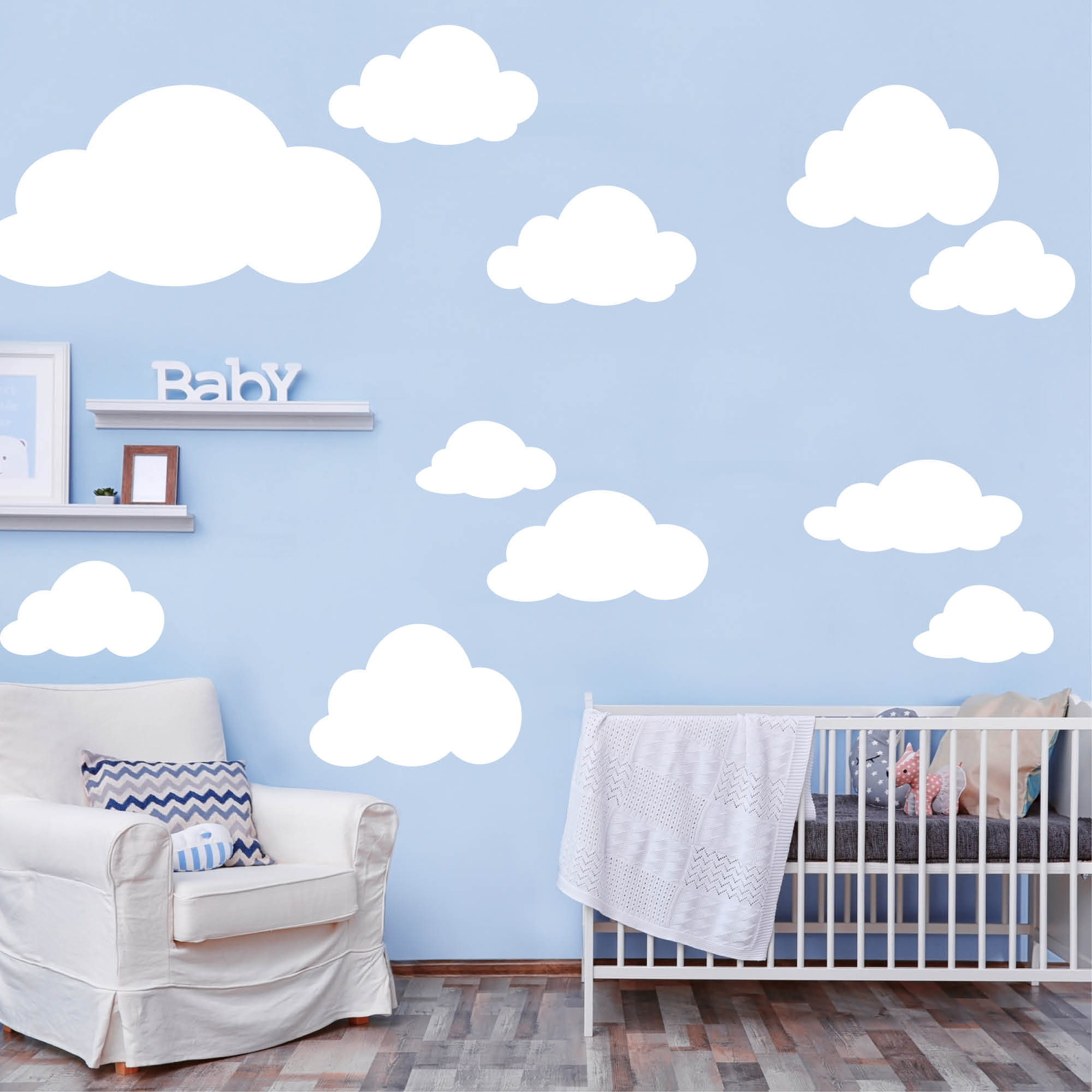 Wandtattoo Wolken Set XXL – Farbe weiß, Wandtattoo Kinderzimmer, Dekoration Babyzimmer