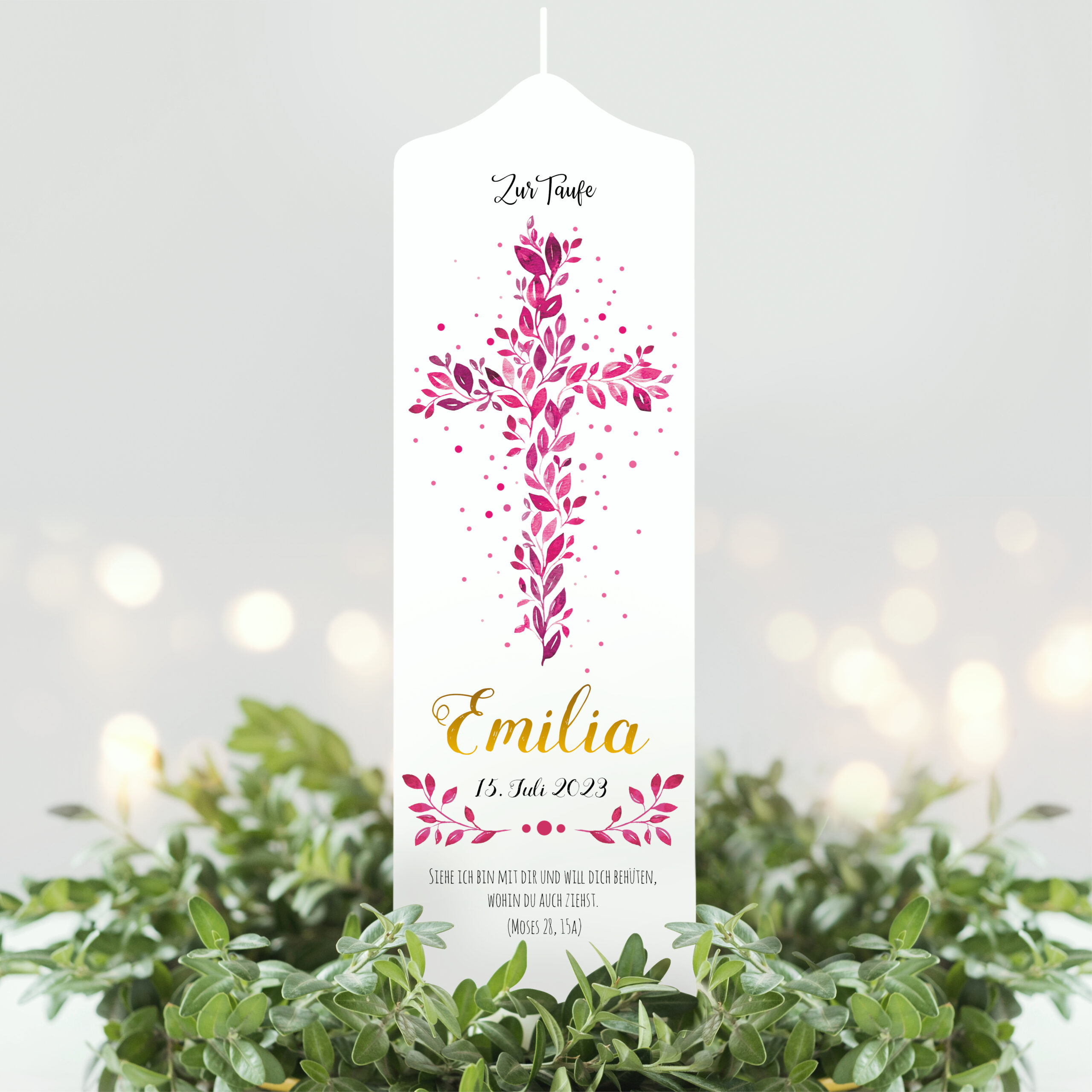 Taufkerze Junge Mädchen Baum Heiliges Kreuz pinke Blätter Kerze zur Taufe mit Namen, Datum und eigenem, vorgegebenem oder keinem Taufspruch