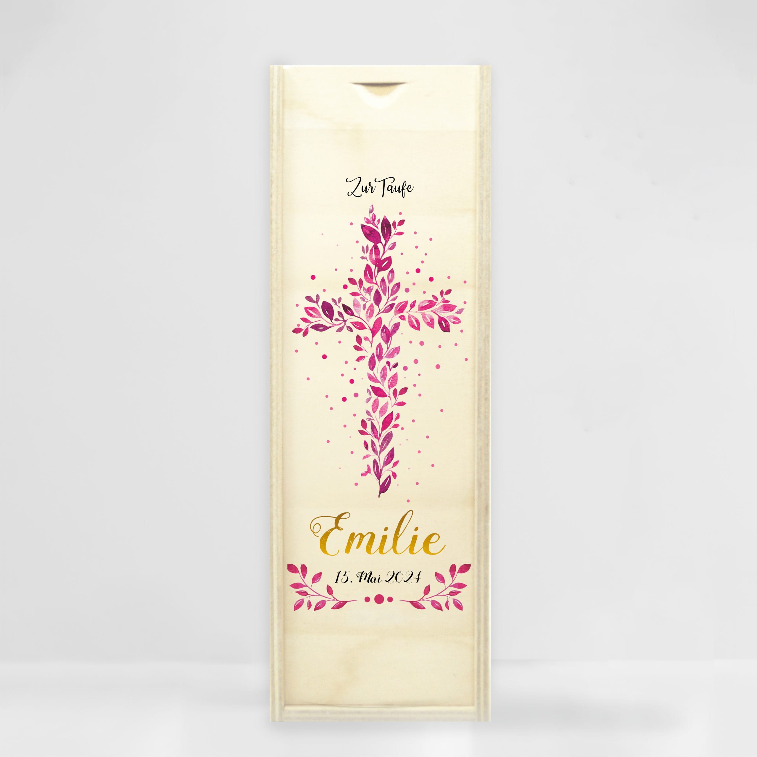 Auf dem Bild ist das Produkt: Taufkerze Junge Mädchen Baum Heiliges Kreuz pinke Blätter Kerze zur Taufe mit Namen, Datum und eigenem, vorgegebenem oder keinem Taufspruch zum Preis von €5.9 abgebildet.