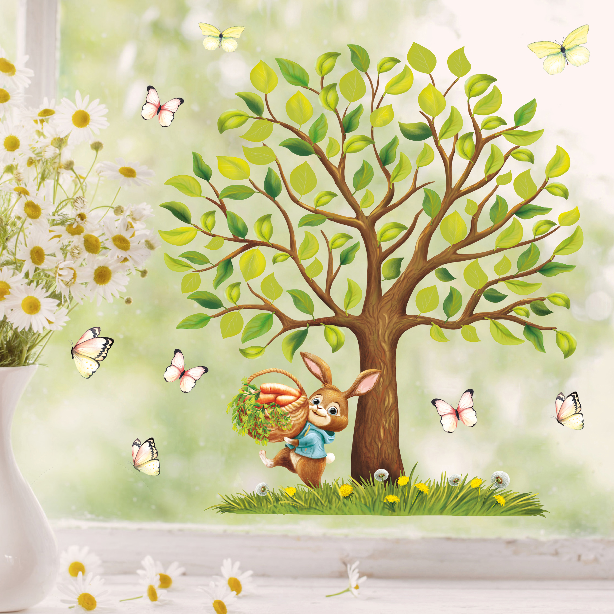 Auf dem Bild ist das Produkt: Fensterbild Frühling Ostern Baum Hase Karotten Korb Schmetterlinge Fensterdeko Kinderzimmer Kind zum Preis von €13.90 abgebildet.