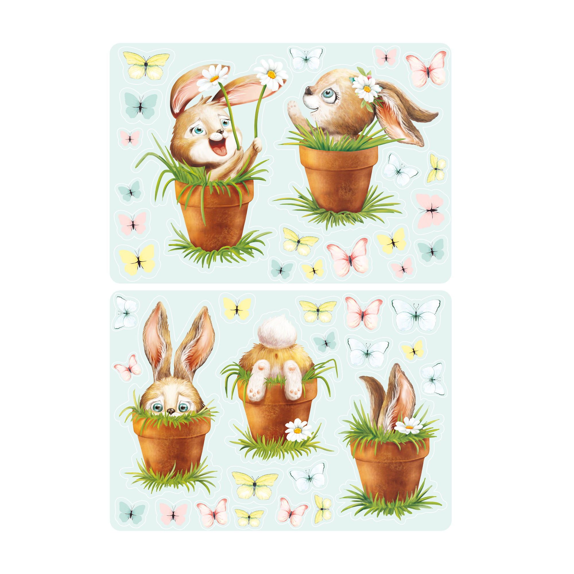 Auf dem Bild ist das Produkt: Fensterbild Frühling Ostern 5 Hasen im Blumentopf mit Schmetterlingen Fensterdeko Kinderzimmer Kind Frühlingsdeko zum Preis von €18.9 abgebildet.