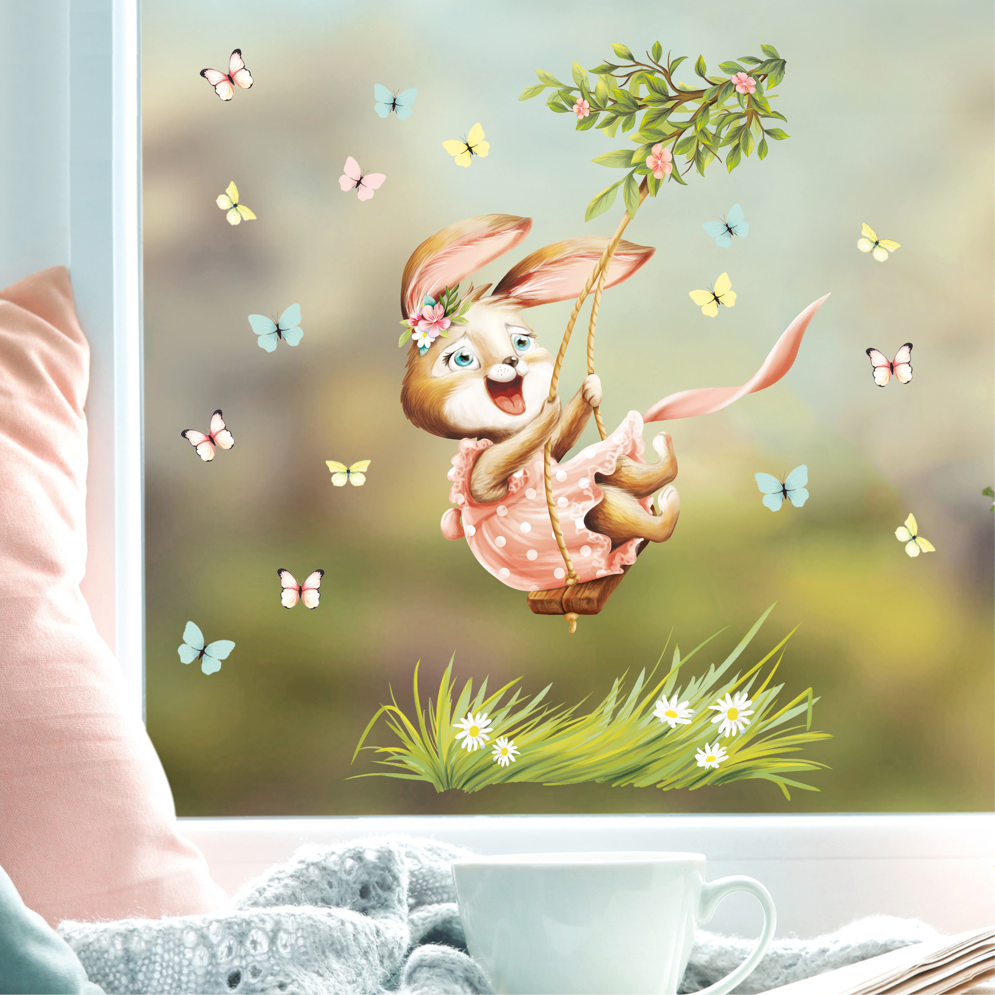 Auf dem Bild ist das Produkt: Fensterbild Kinderzimmer Frühling Ostern Hase Schaukel mit Schmetterlingen Fensterdeko Kind Osterdeko zum Preis von €13.90 abgebildet.
