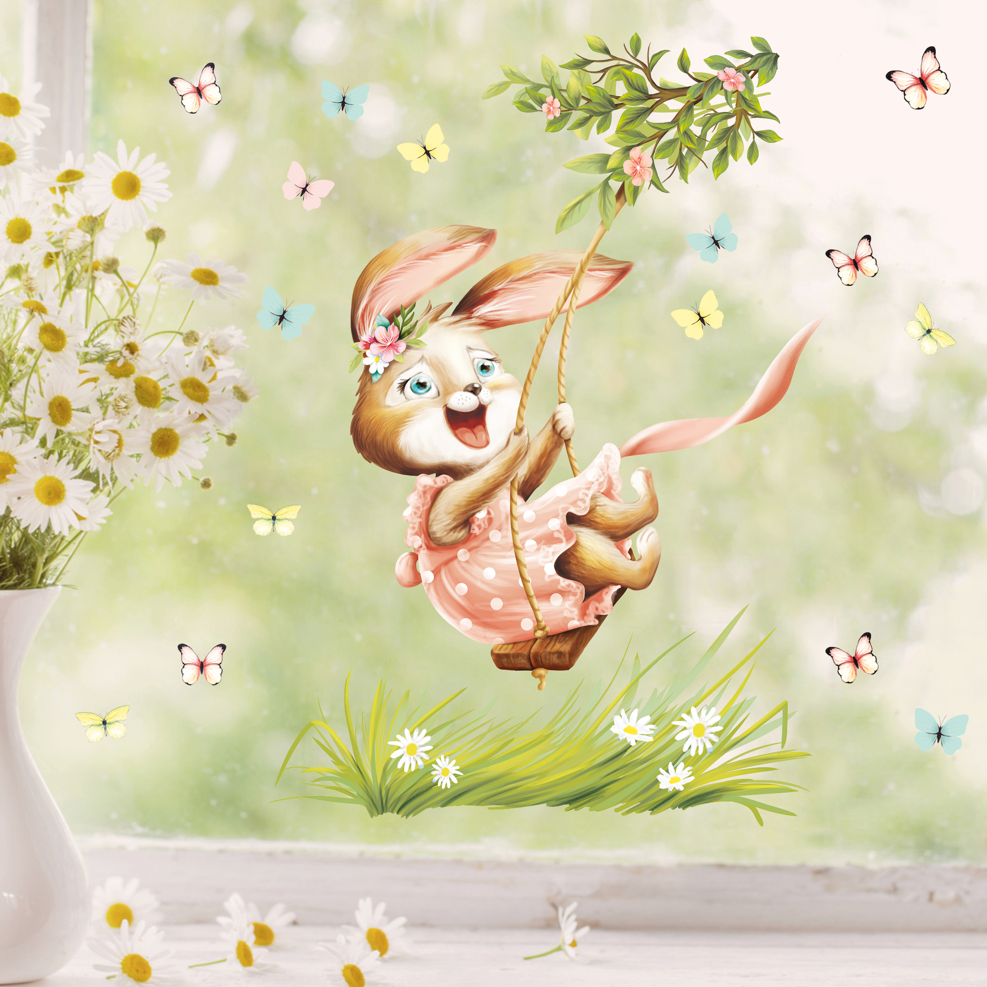 Fensterbild Kinderzimmer Frühling Ostern Hase Schaukel mit Schmetterlingen Fensterdeko Kind Osterdeko