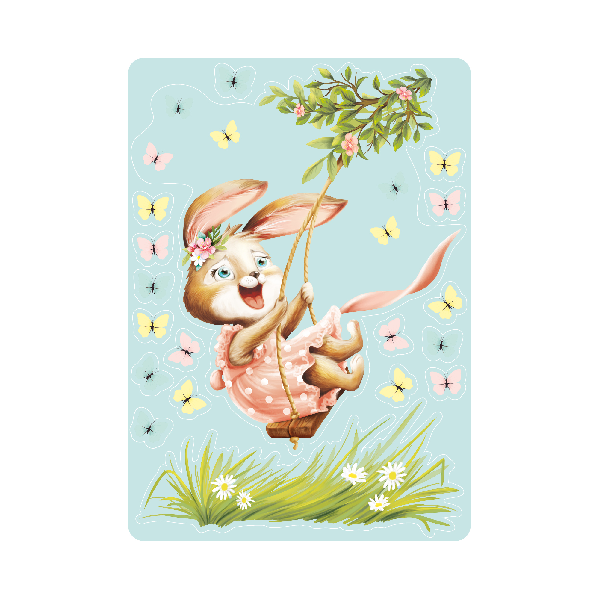Auf dem Bild ist das Produkt: Fensterbild Kinderzimmer Frühling Ostern Hase Schaukel mit Schmetterlingen Fensterdeko Kind Osterdeko zum Preis von €13.90 abgebildet.