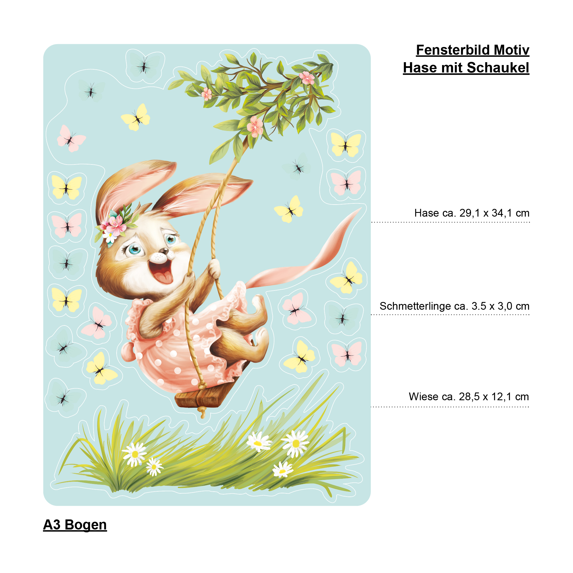 Auf dem Bild ist das Produkt: Fensterbild Kinderzimmer Frühling Ostern Hase Schaukel mit Schmetterlingen Fensterdeko Kind Osterdeko zum Preis von €13.90 abgebildet.
