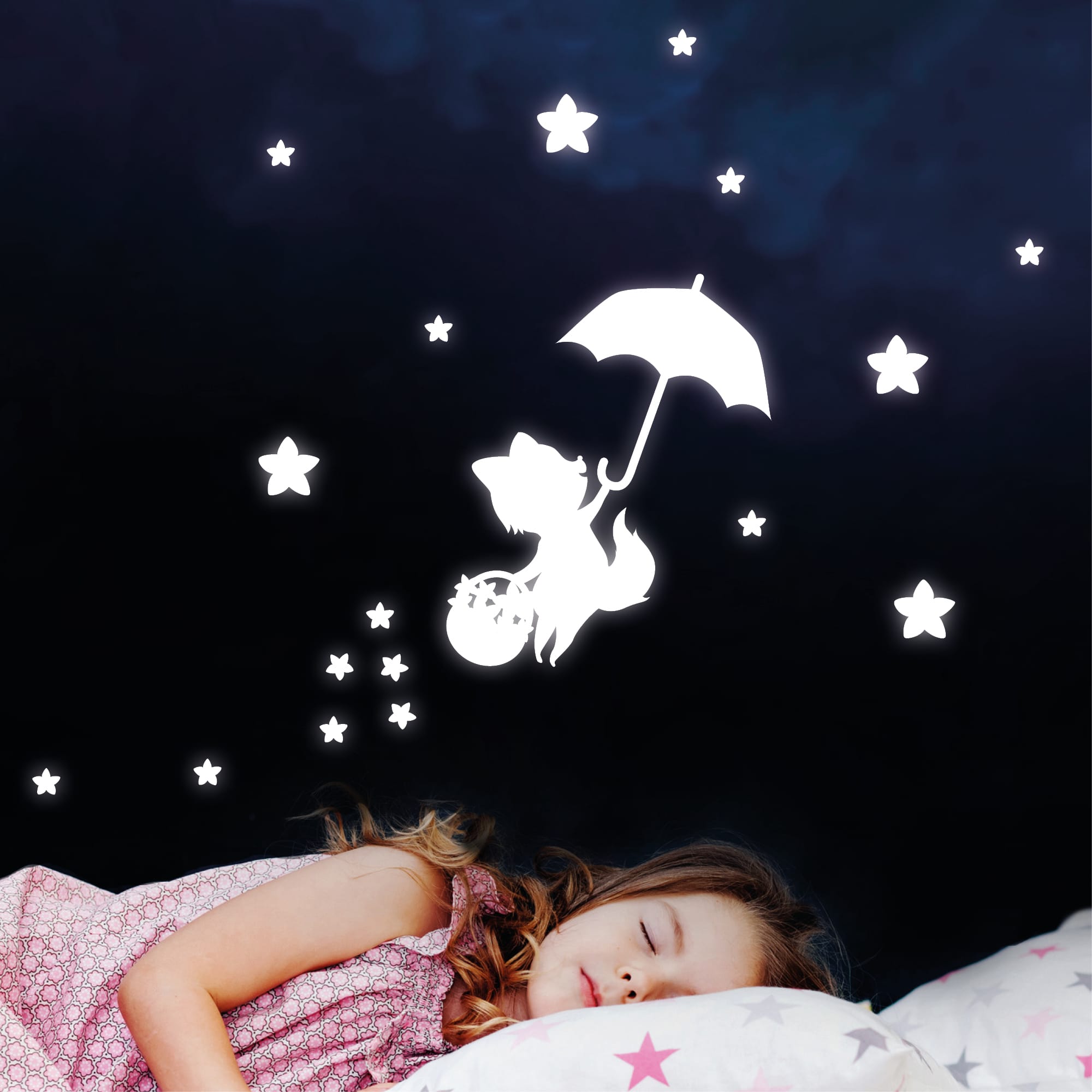Leuchtaufkleber Kinderzimmer Fuchs Regenschirm mit 100 Sternen Leuchtsterne leuchten im Dunklen