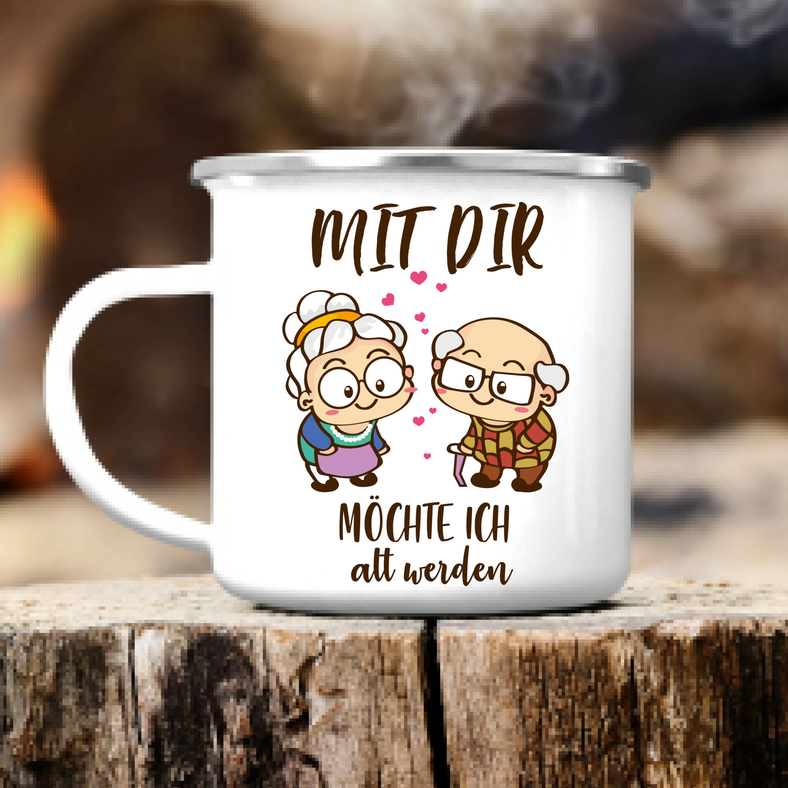 Auf dem Bild ist das Produkt: Emaille Becher Tasse Mit dir möchte ich alt werden Geschenk Geburtstag Weihnachtsgeschenk Oma Opa zum Preis von €18.9 abgebildet.