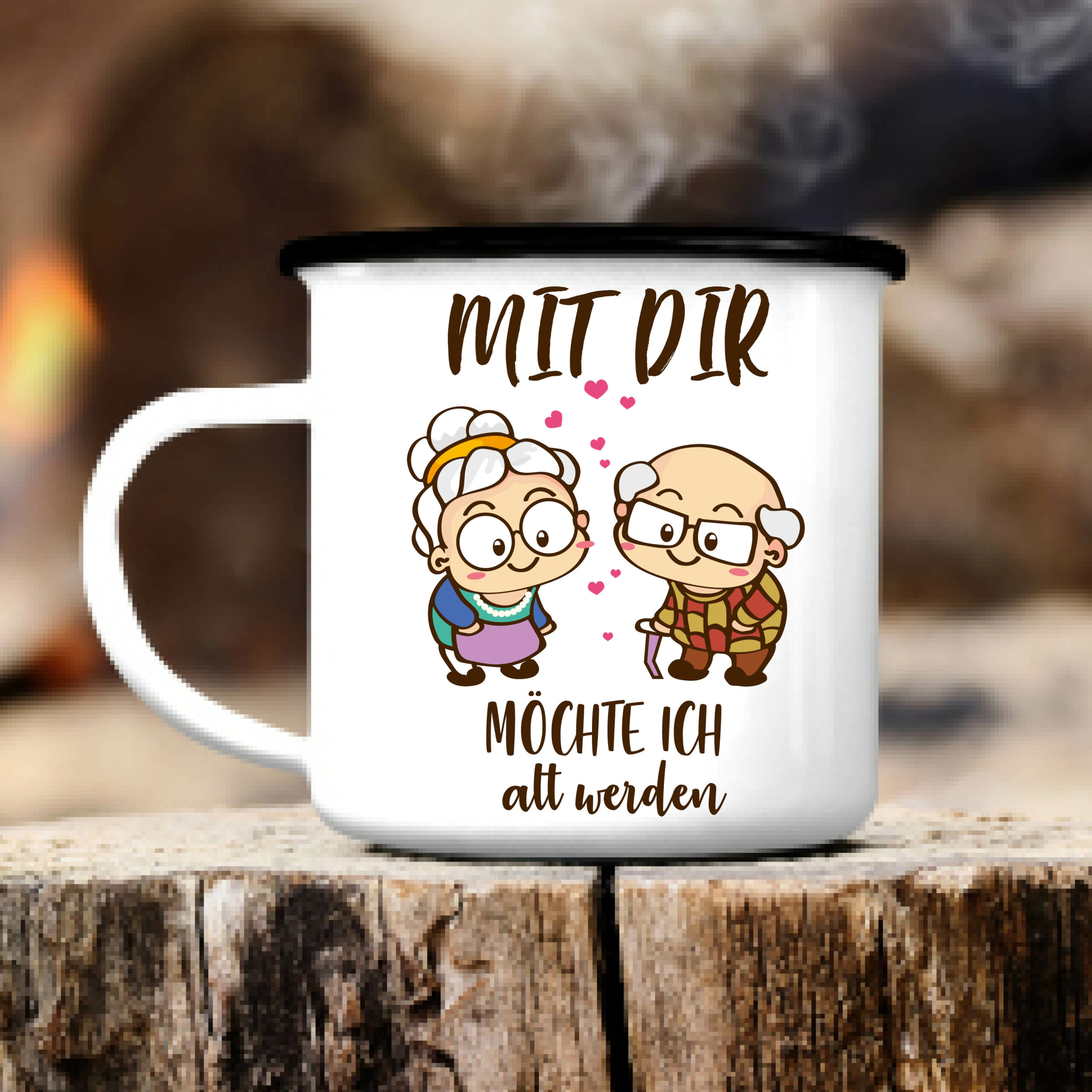 Auf dem Bild ist das Produkt: Emaille Becher Tasse Mit dir möchte ich alt werden Geschenk Geburtstag Weihnachtsgeschenk Oma Opa zum Preis von €18.9 abgebildet.