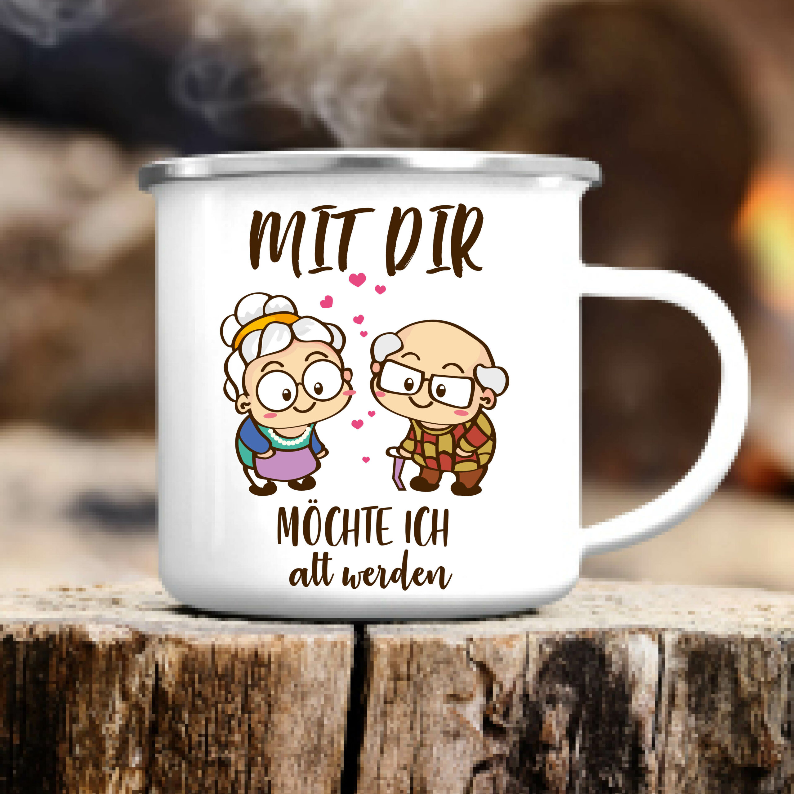 Auf dem Bild ist das Produkt: Emaille Becher Tasse Mit dir möchte ich alt werden Geschenk Geburtstag Weihnachtsgeschenk Oma Opa zum Preis von €18.9 abgebildet.