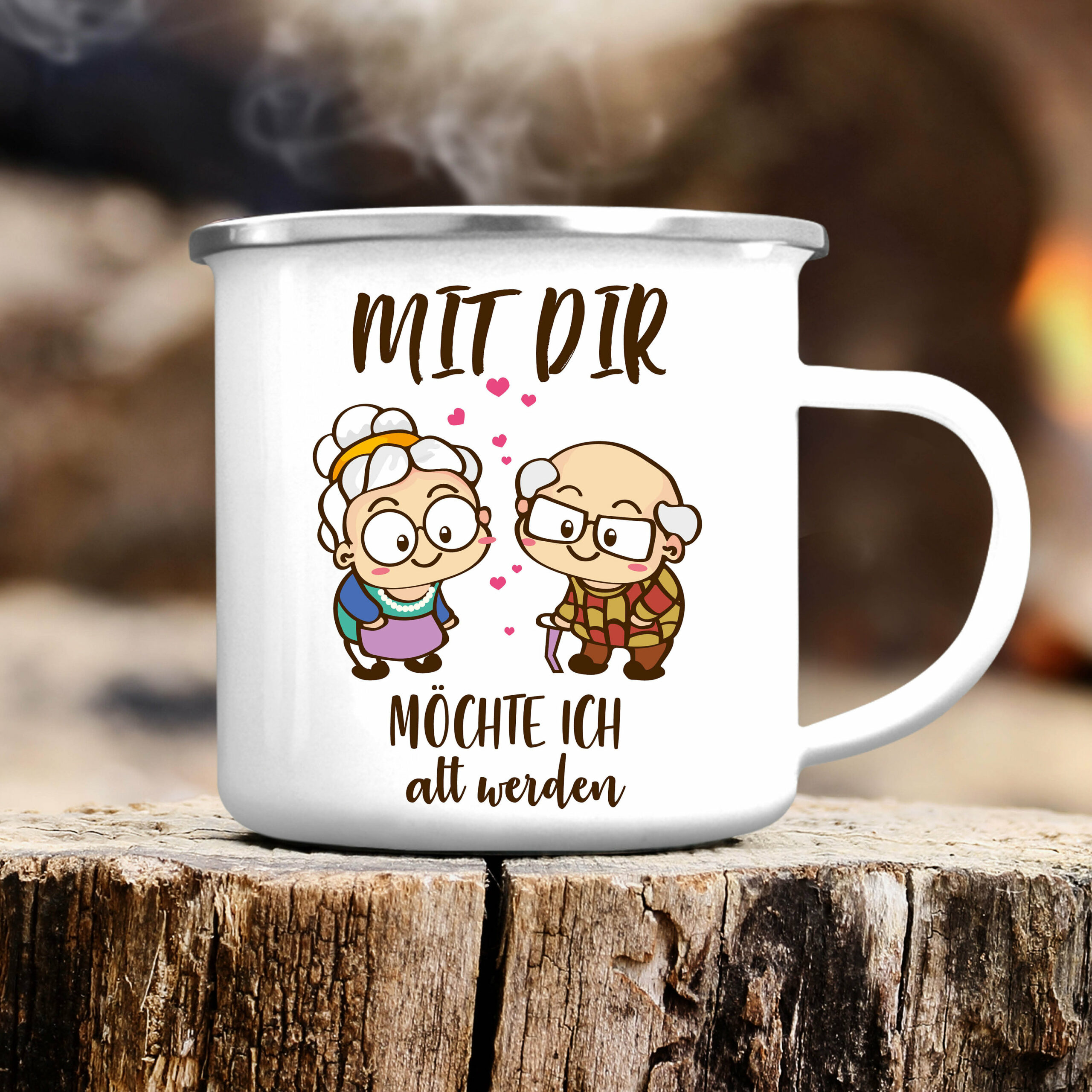 Emaille Becher Tasse Mit dir möchte ich alt werden Geschenk Geburtstag Weihnachtsgeschenk Oma Opa