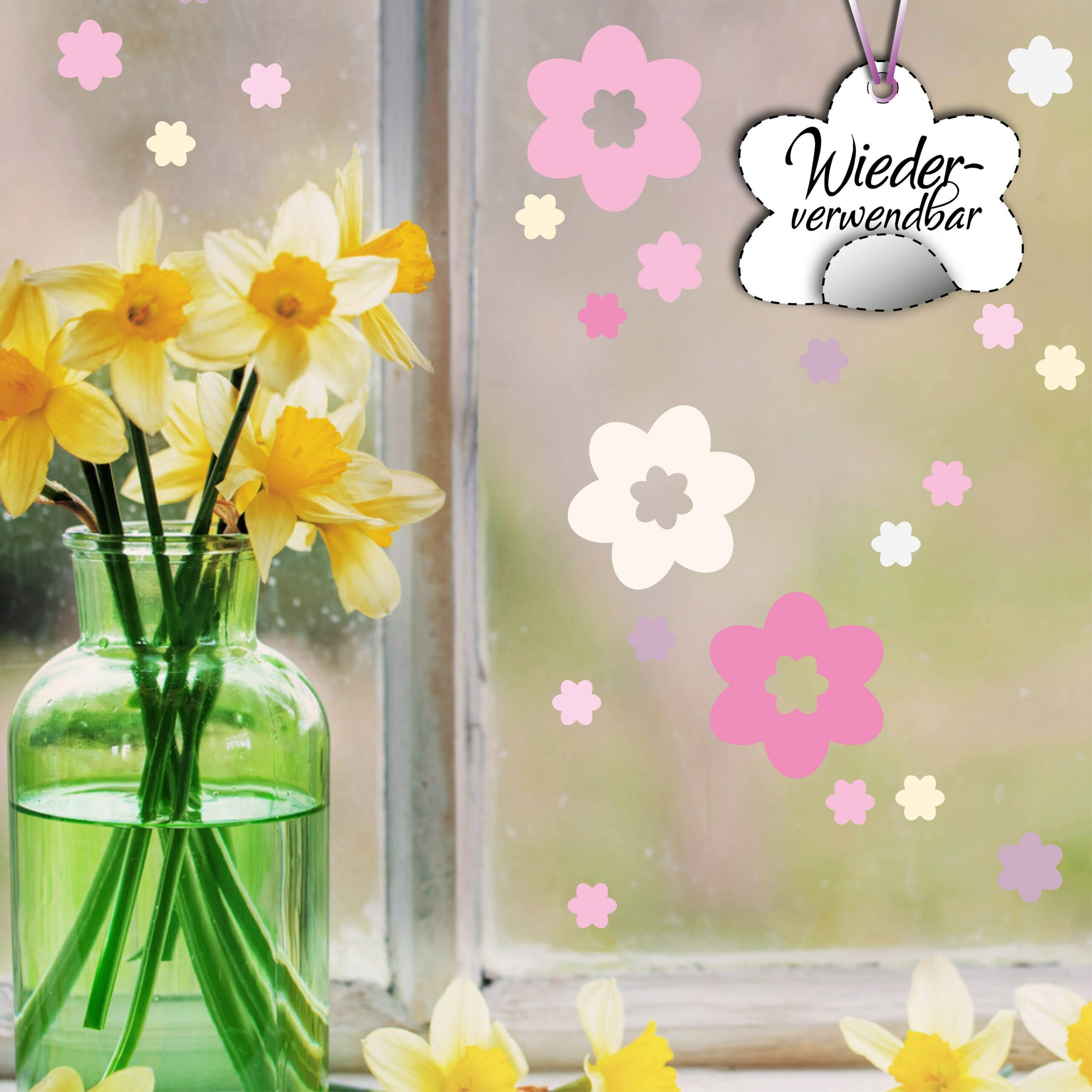 Fensterbild Frühling Blüten pastell 30teilig Pastellfarben wiederverwendbar, Dekoration Ostern Frühling