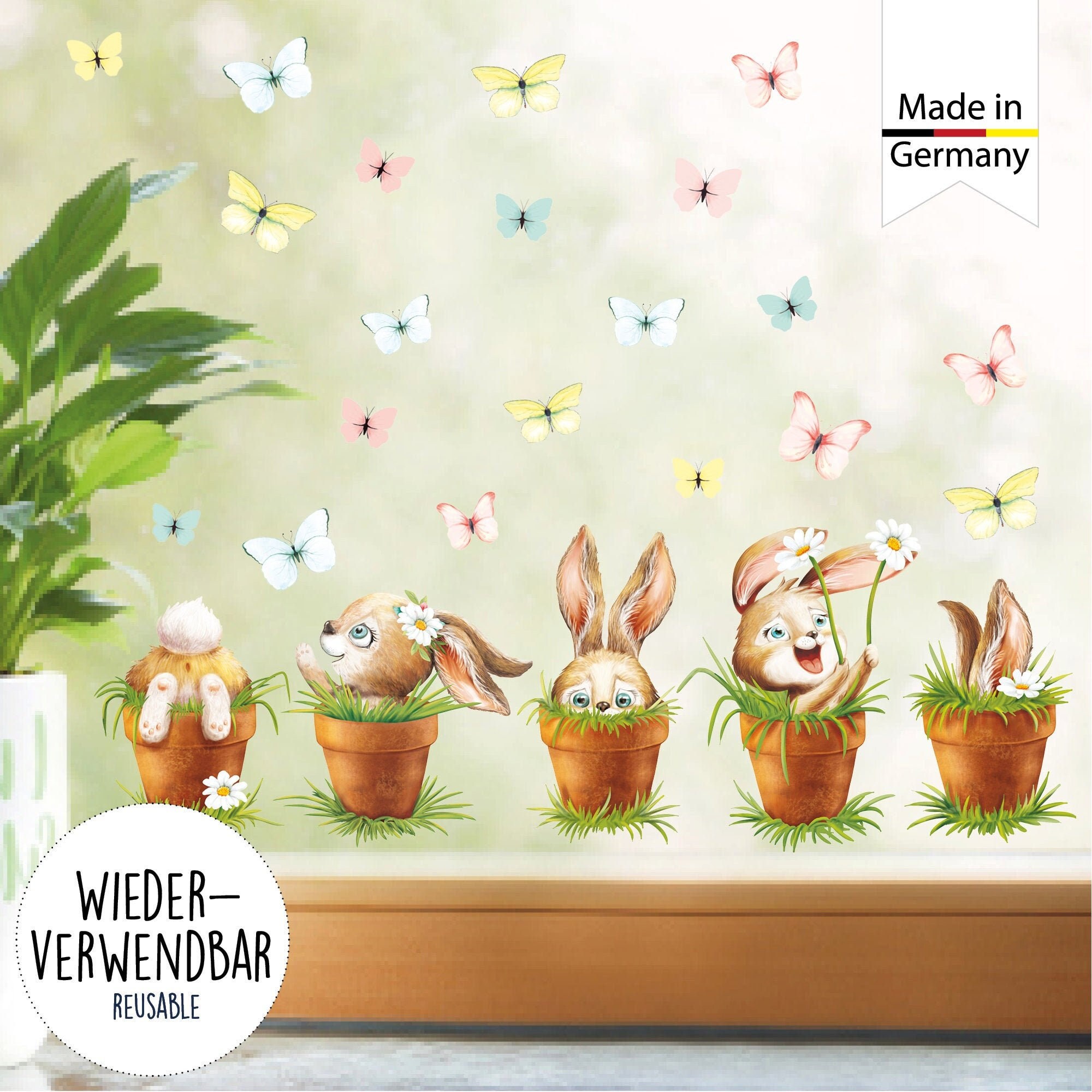 Fensterbild Frühling Ostern 5 Hasen im Blumentopf mit Schmetterlingen Fensterdeko Kinderzimmer Kind, Frühlingsdeko, Osterdekoration