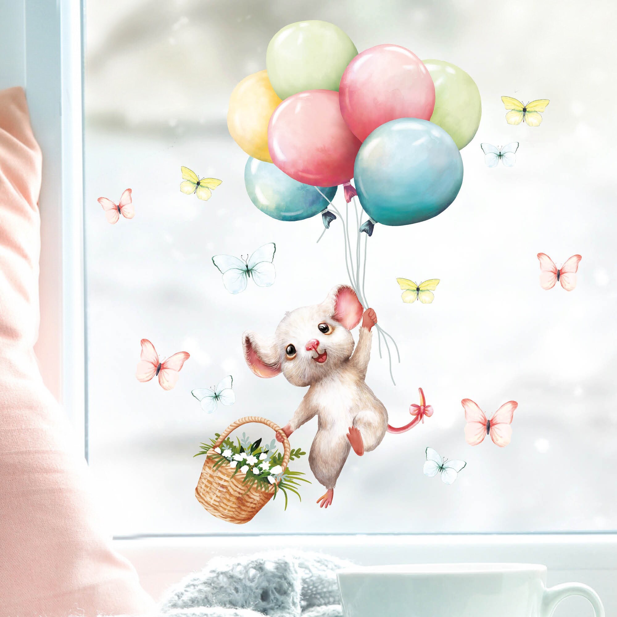 Fensterbild Frühling Ostern Maus Luftballons Schmetterlinge Fensterdeko Kinderzimmer Kind, Osterdeko Frühlingsdeko