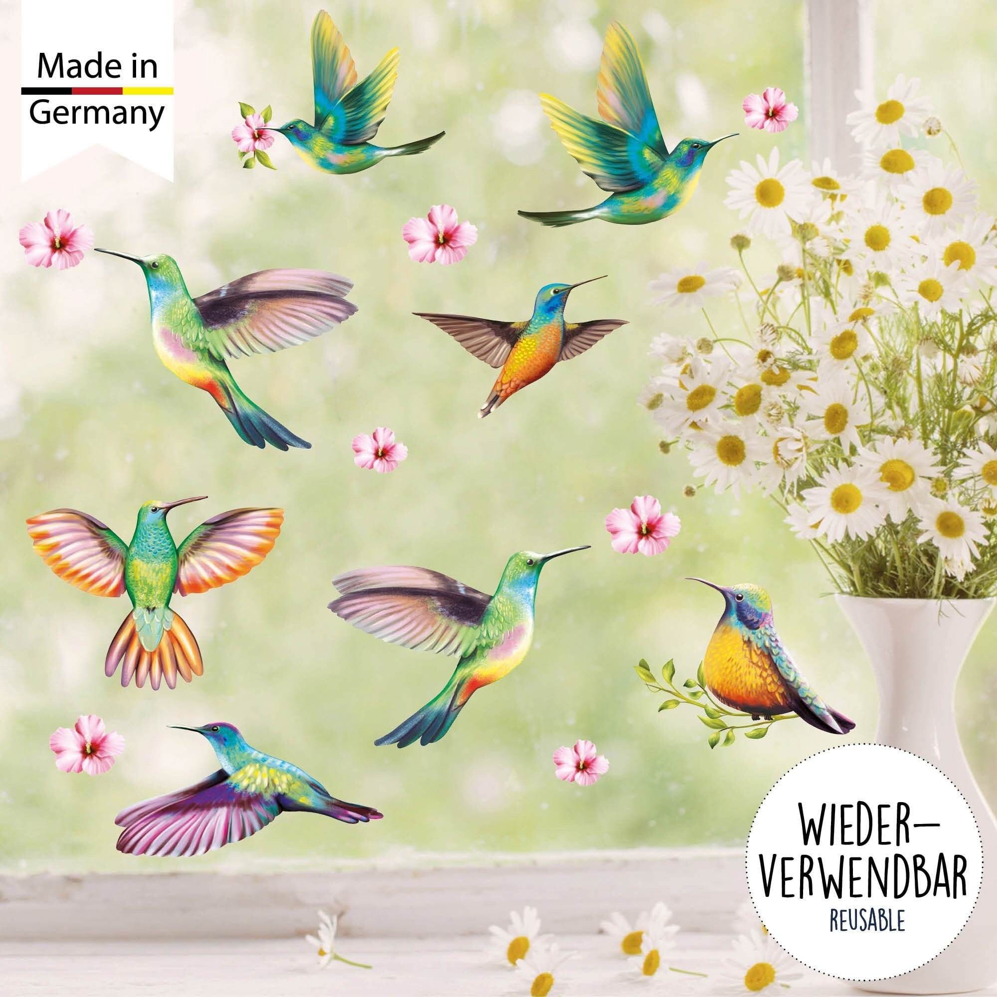 Fensterbild Frühling Vogel Kolibris Hibiskusblüten Vogelset wiederverwendbare Fensteraufkleber Kinderzimmer Baby Kind, Osterdeko