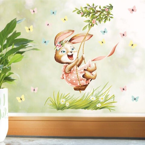 Fensterbild Kinderzimmer Frühling Ostern Hase Schaukel mit Schmetterlingen Fensterdeko Kind, Osterdeko