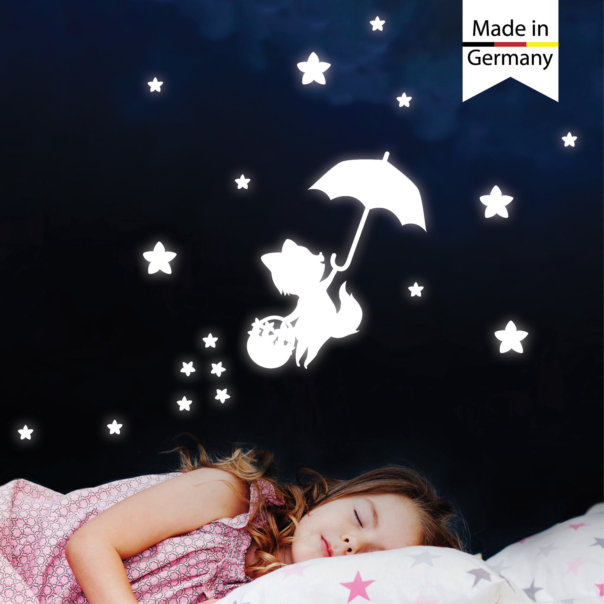 Leuchtaufkleber Kinderzimmer Fuchs Regenschirm mit 100 Sternen Leuchtsterne leuchten im Dunklen