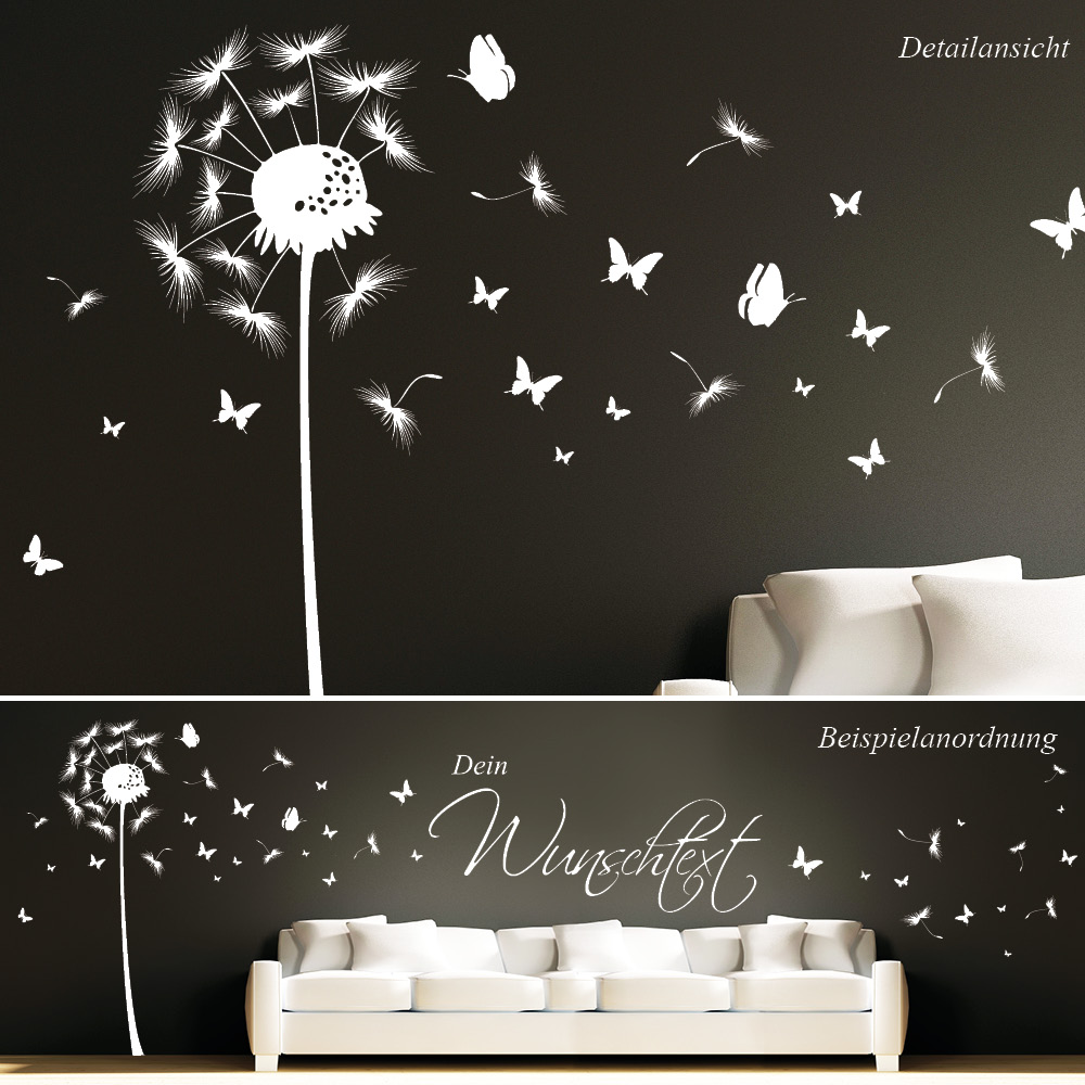 Auf dem Bild ist das Produkt: Wandtattoo Pusteblume Wunschtext Schmetterlinge Wandaufkleber Pollen Löwenzahn Wohnzimmer zum Preis von €19.90 abgebildet.