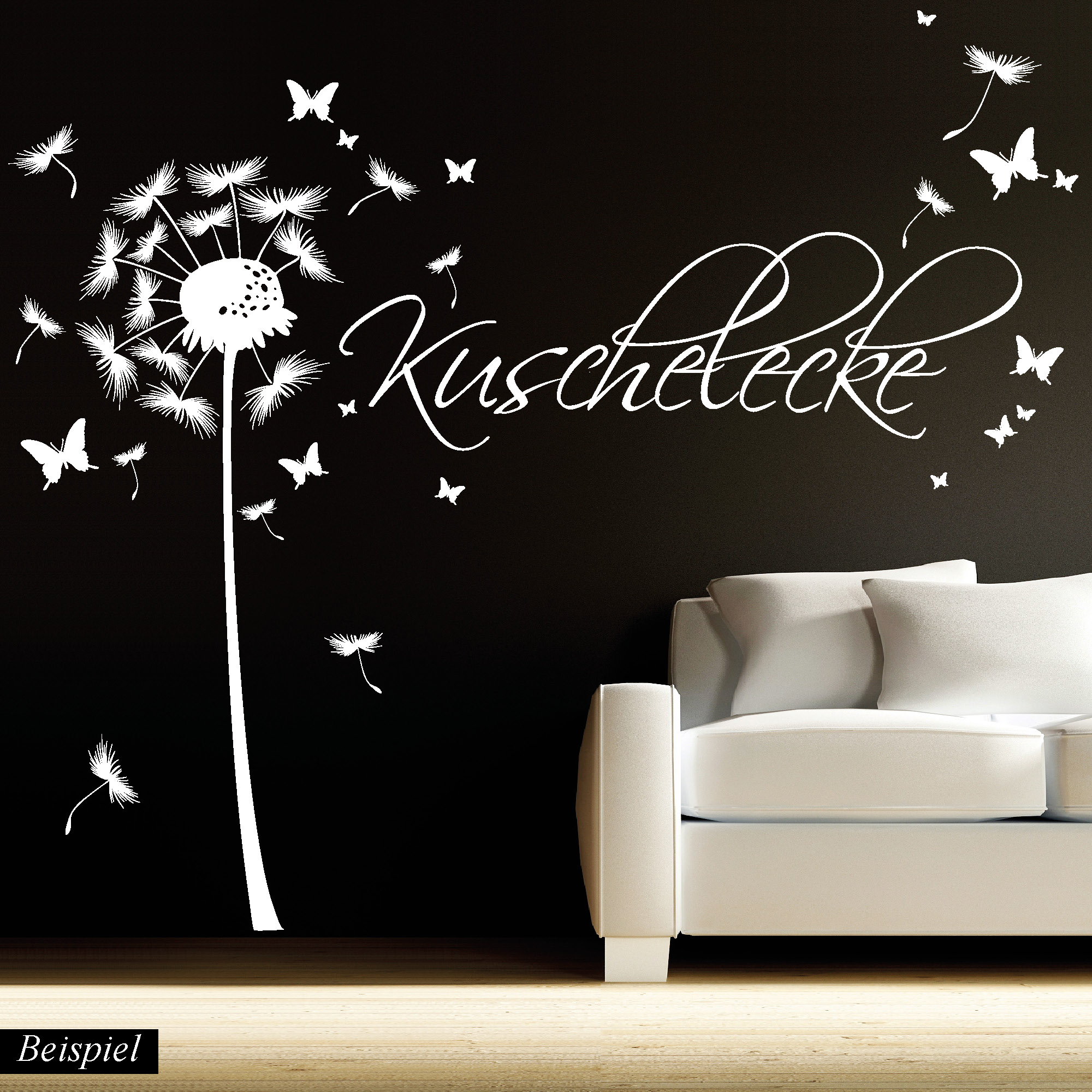 Auf dem Bild ist das Produkt: Wandtattoo Pusteblume Wunschtext Schmetterlinge Wandaufkleber Pollen Löwenzahn Wohnzimmer zum Preis von €19.90 abgebildet.