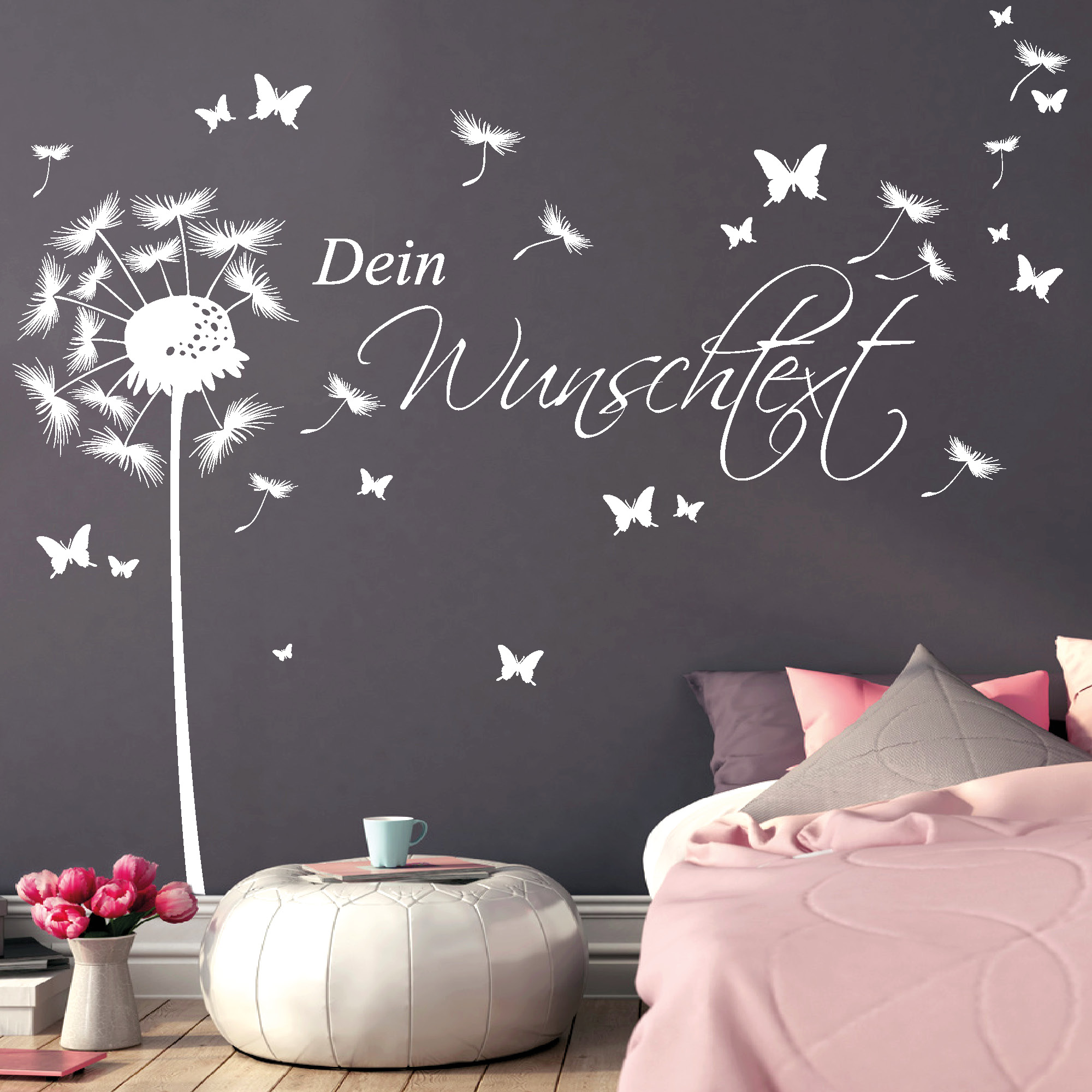 Auf dem Bild ist das Produkt: Wandtattoo Pusteblume Wunschtext Schmetterlinge Wandaufkleber Pollen Löwenzahn Wohnzimmer zum Preis von €19.90 abgebildet.