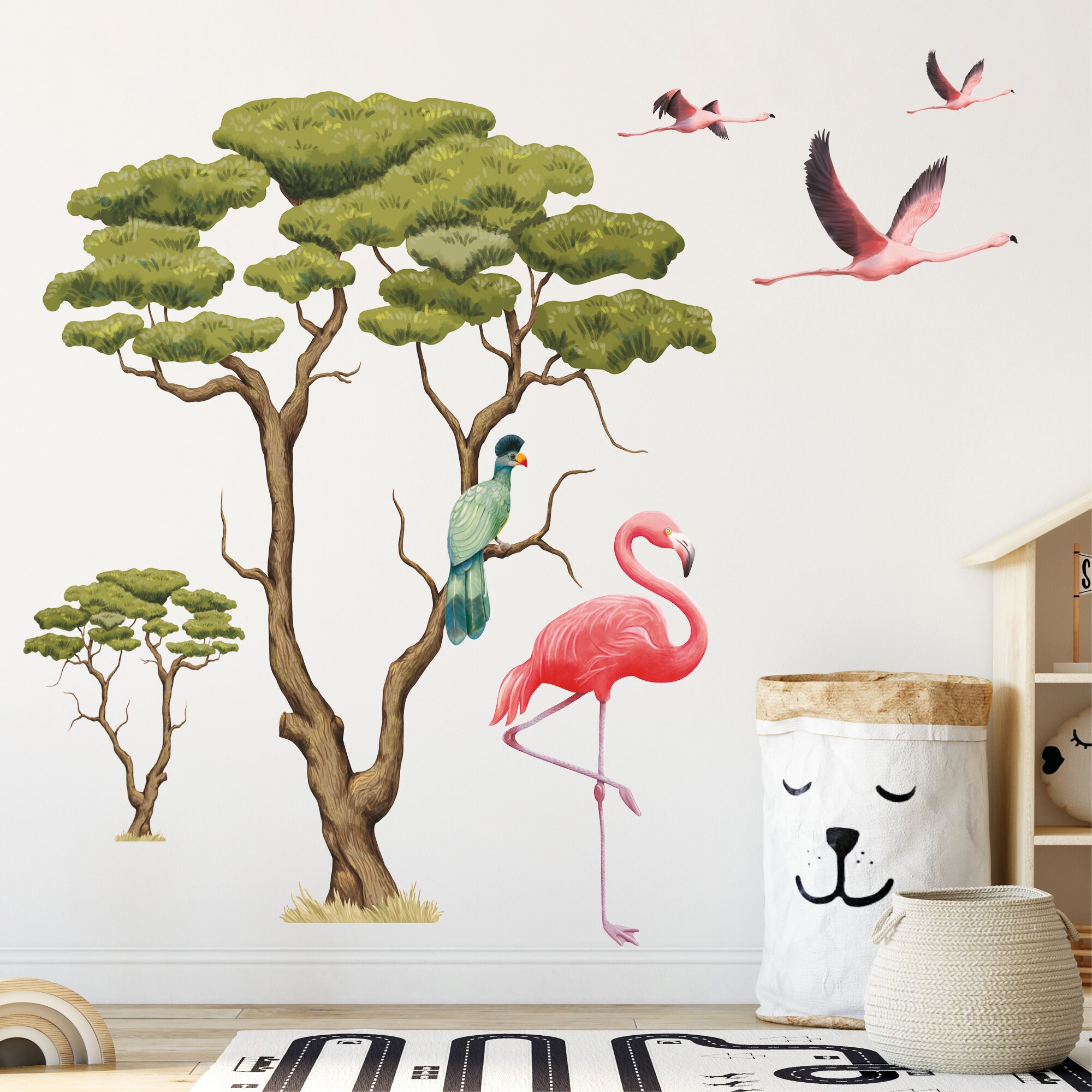 Wandtattoo Kinderzimmer Savanne Afrika mit Flamingos und Turako Dekoration  Babyzimmer Tiere Natur | Wandtattoo Loft