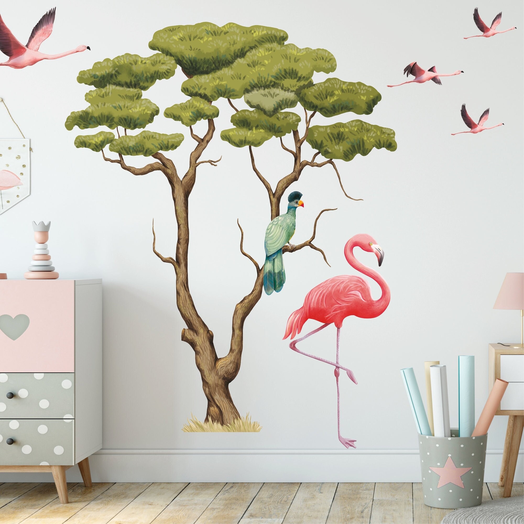 Wandtattoo Kinderzimmer Savanne Afrika mit Flamingos und Turako Dekoration Babyzimmer Tiere Natur