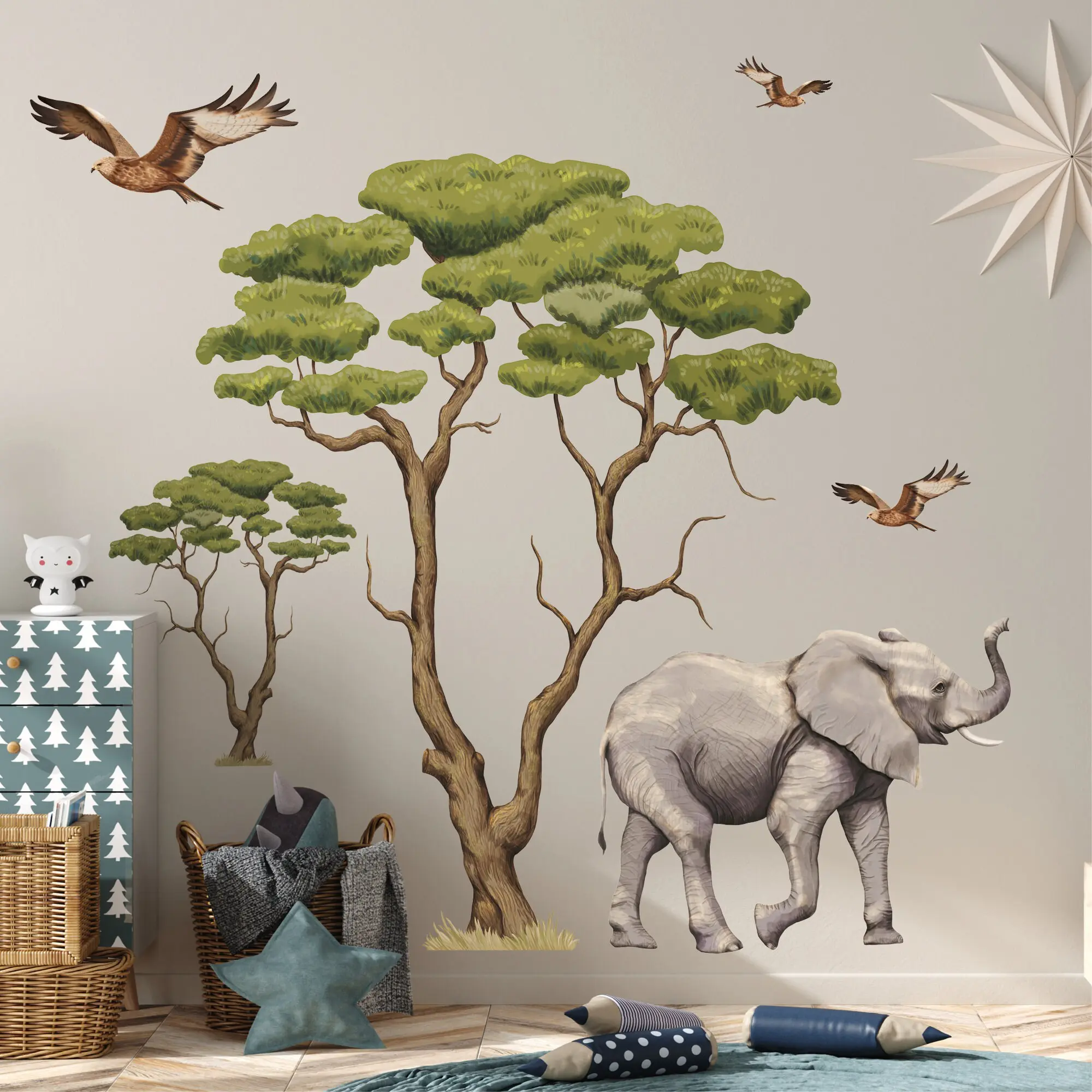 Wandtattoo Kinderzimmer Savanne mit Bäumen, Elefant, Giraffe und Vögeln  Dekoration Babyzimmer Tiere Natur | Wandtattoo Loft