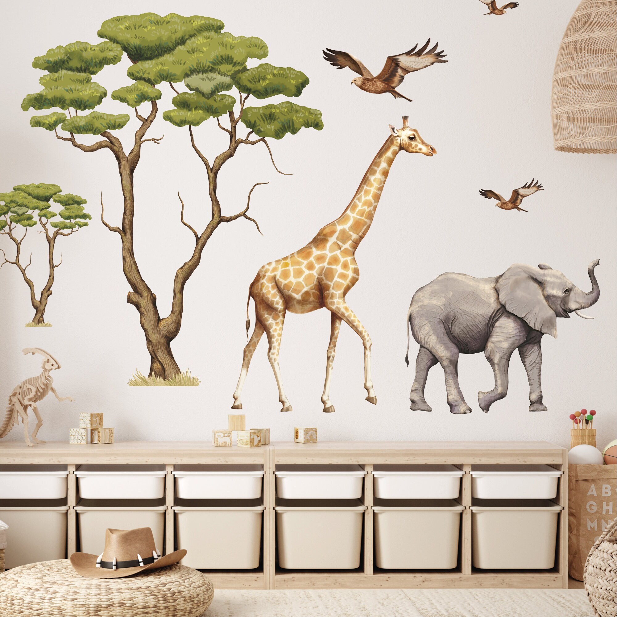 Wandtattoo Kinderzimmer Savanne mit Bäumen, Elefant, Giraffe und Vögeln Dekoration Babyzimmer Tiere Natur