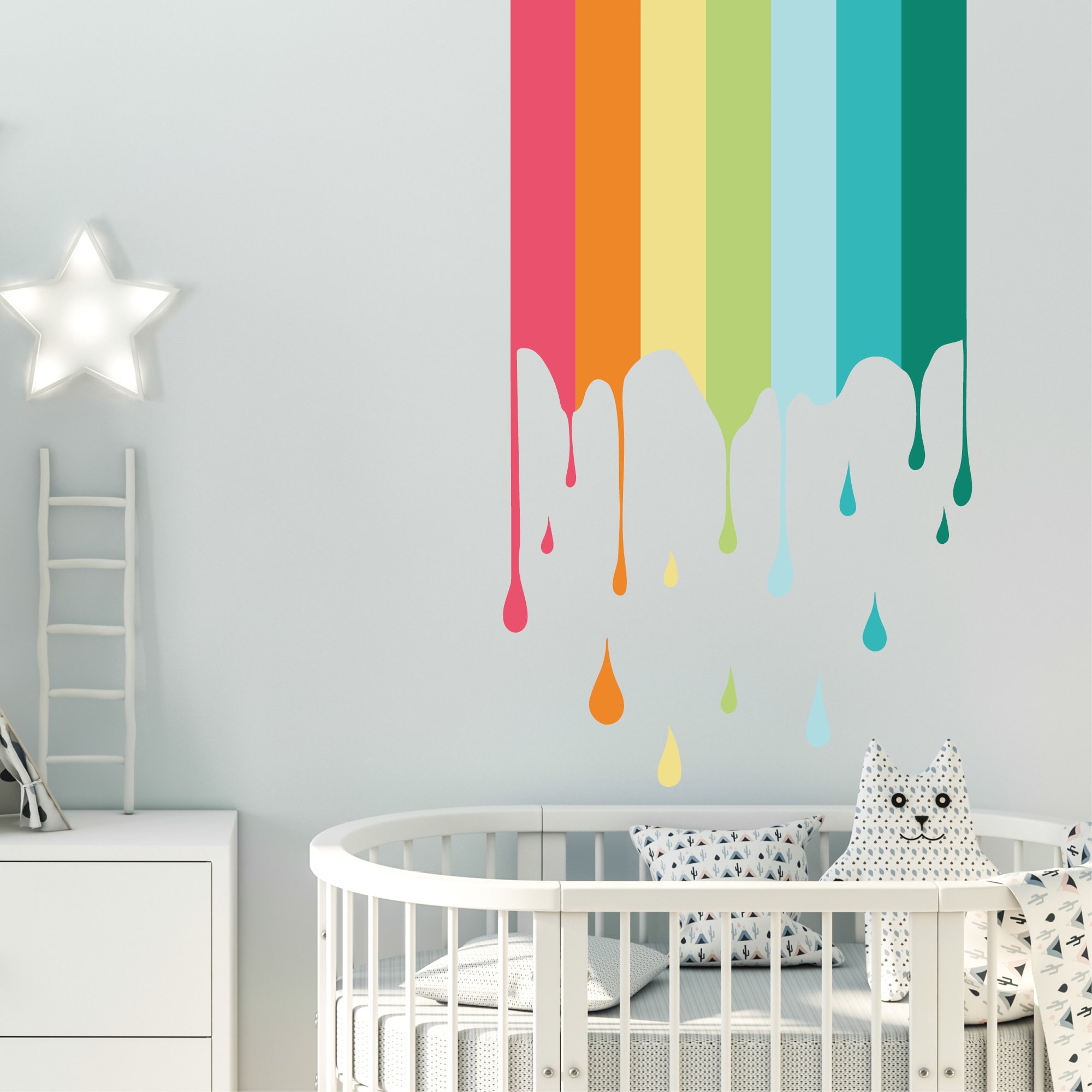 Wandtattoo Regenbogen Sticker Tropfen Deko Kinderzimmer Mädchen Junge bunt Pastellfarben Wandaufkleber, Kinderzimmerdekoration