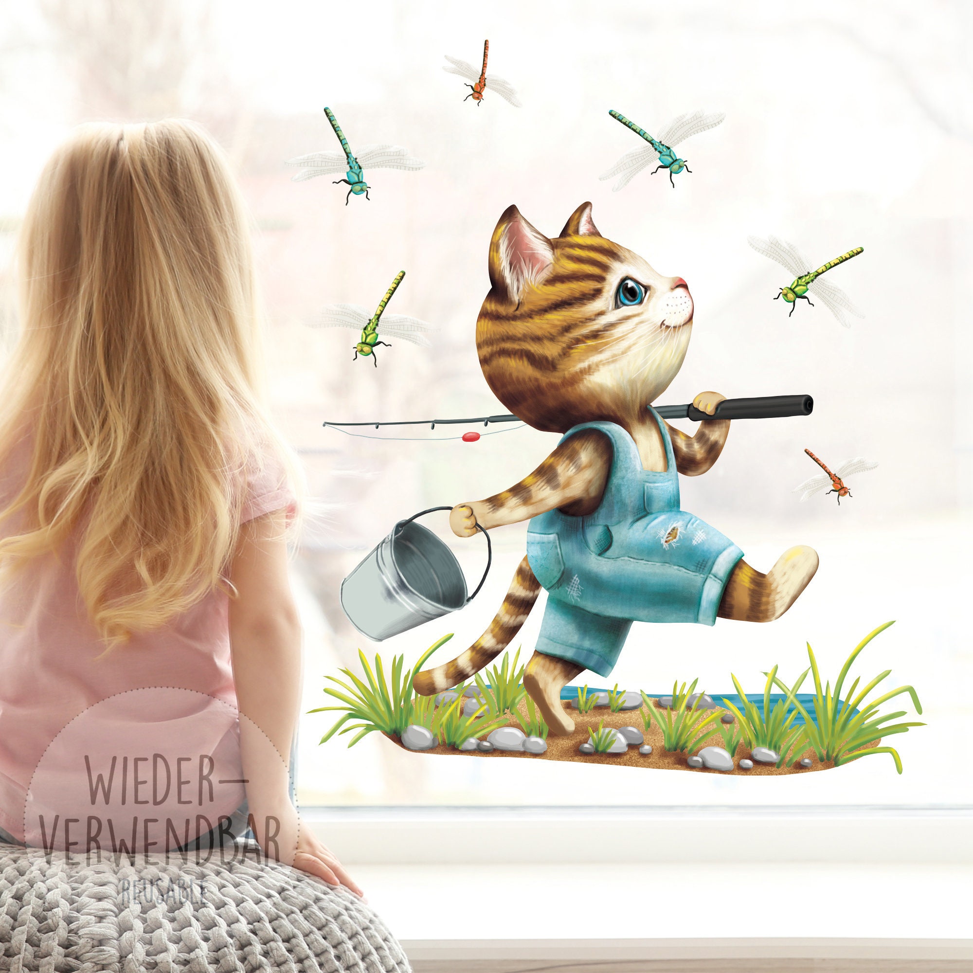 Wiederverwendbares Fensterbild Frühling Kinderzimmer Kind Katze Angler Libellen Fensterdeko angeln, Geschenk