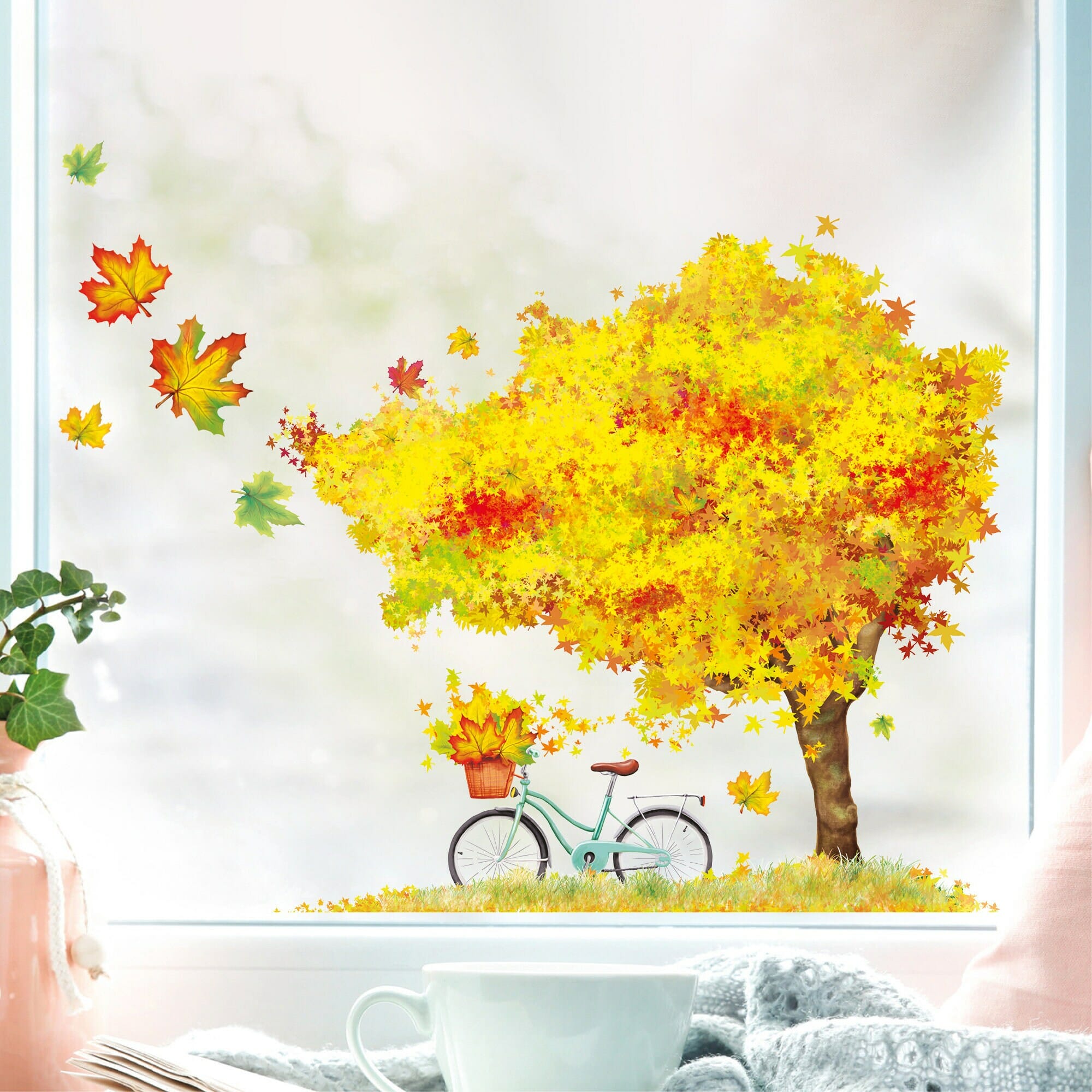 Fensterbild Herbst Baum und Blätter Herbstblätter bunt farbig wiederverwendbare Fensteraufkleber Kinderzimmer Baby Kind