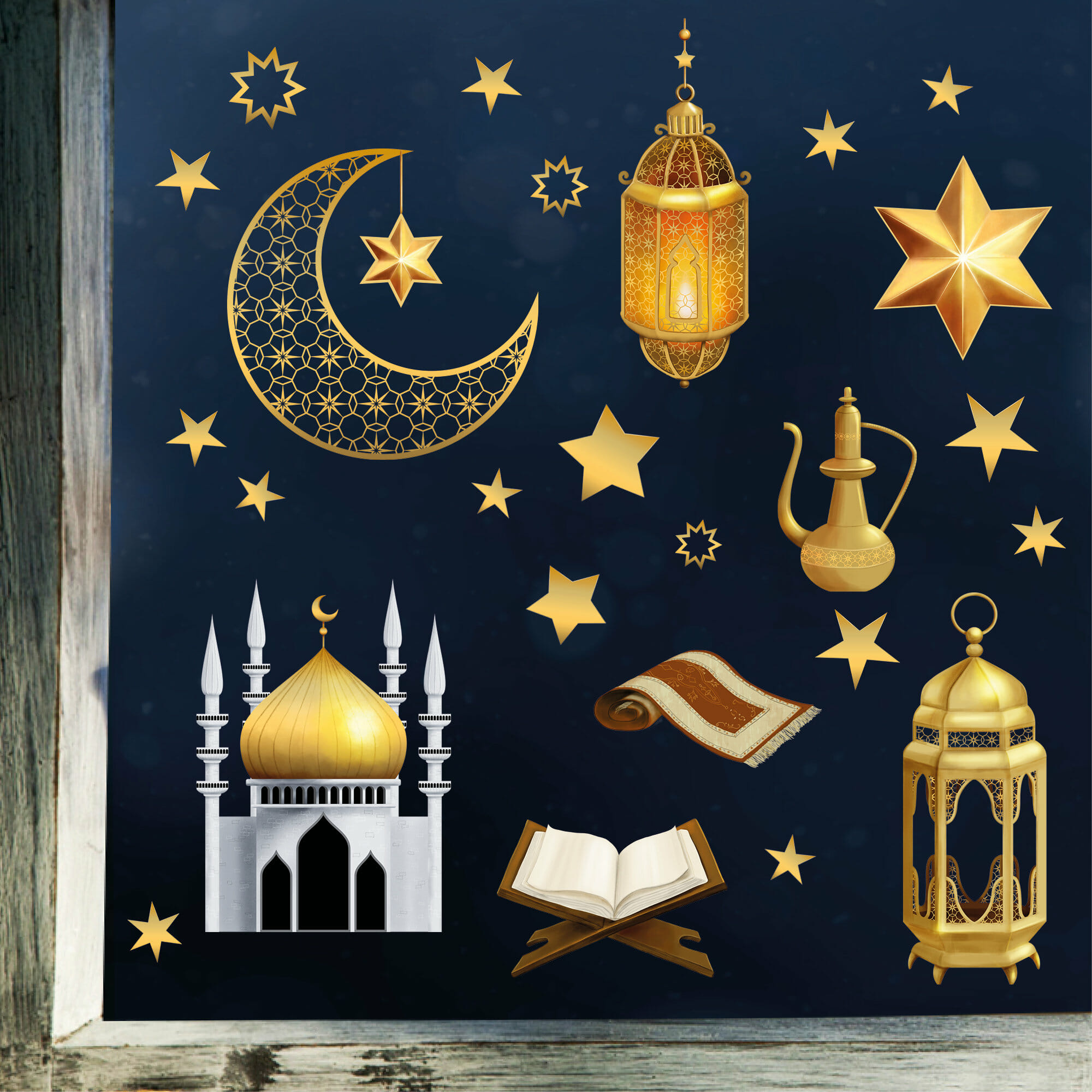 Fensterbild Ramadan Glaube Fastenmonat Set Sterne Laternen Moschee Gebetsteppich Heilig Fensteraufkleber, Dekoration Religion