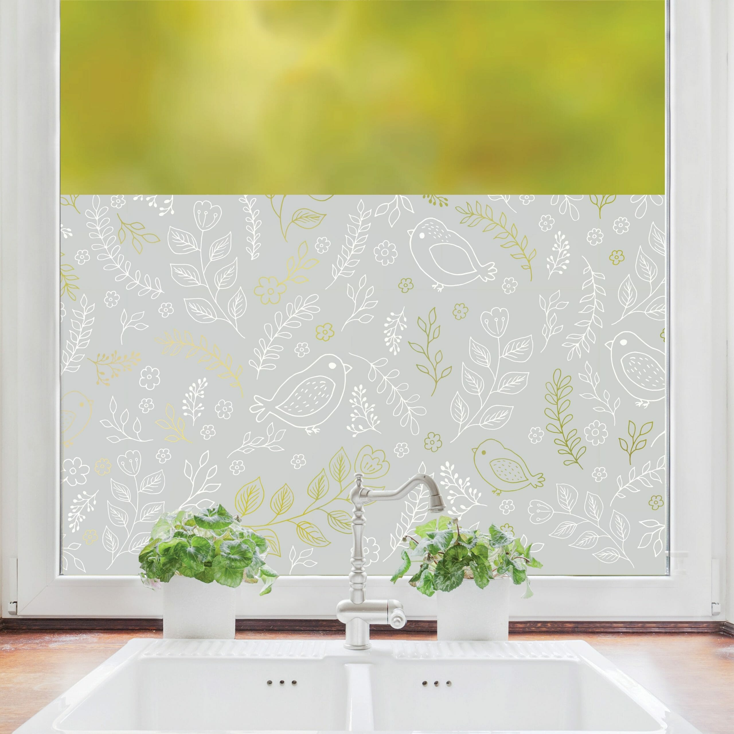 Sichtschutzfolie weiße Vögel und Blumen, teilweise durchsichtig Fensterfolie Fensterdeko Milchglasfolie, Kinderzimmer
