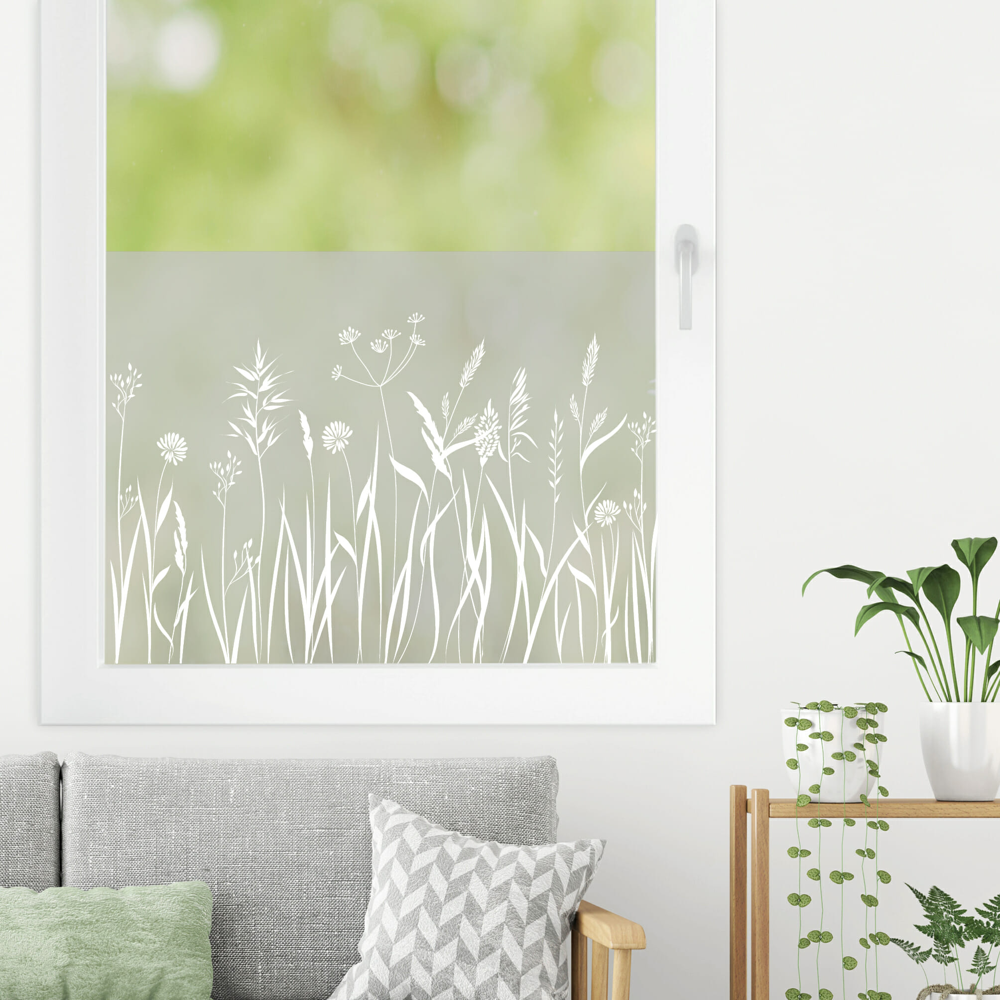Auf dem Bild ist das Produkt: Sichtschutzfolie Blumenwiese Wiese Blumen Fensterfolie Fensterdeko Milchglasfolie Wiederverwendbar zum Preis von €24.9 abgebildet.