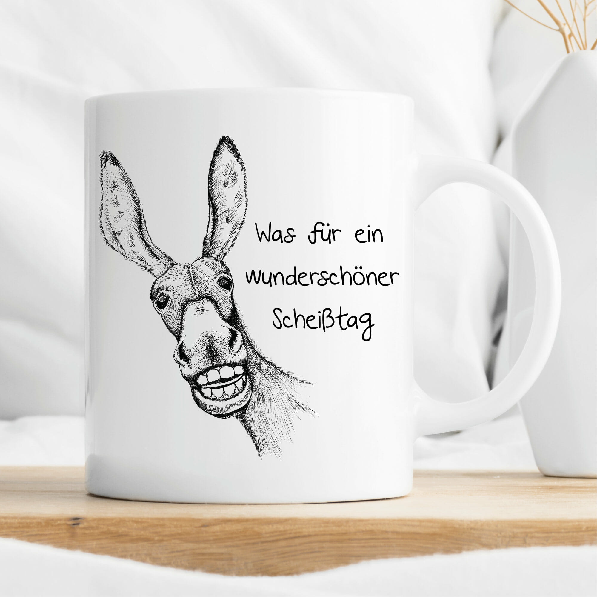 Bedruckte Tasse Esel mit Spruch Was für ein wunderschöner Scheißtag, Geburtstagsgeschenk mit Humor, Kaffeetasse Kaffeebecher