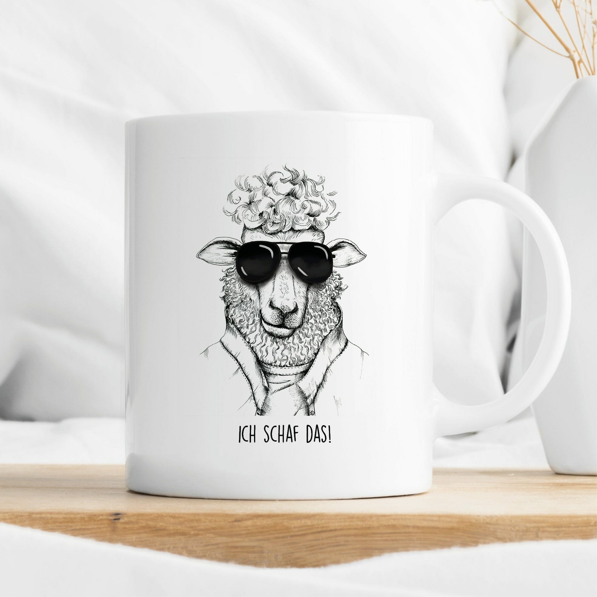 Bedruckte Tasse Schaf Ich schaf das! Kaffeetasse Kaffeebecher Schwarz weiss Schaf mit Sonnebrille