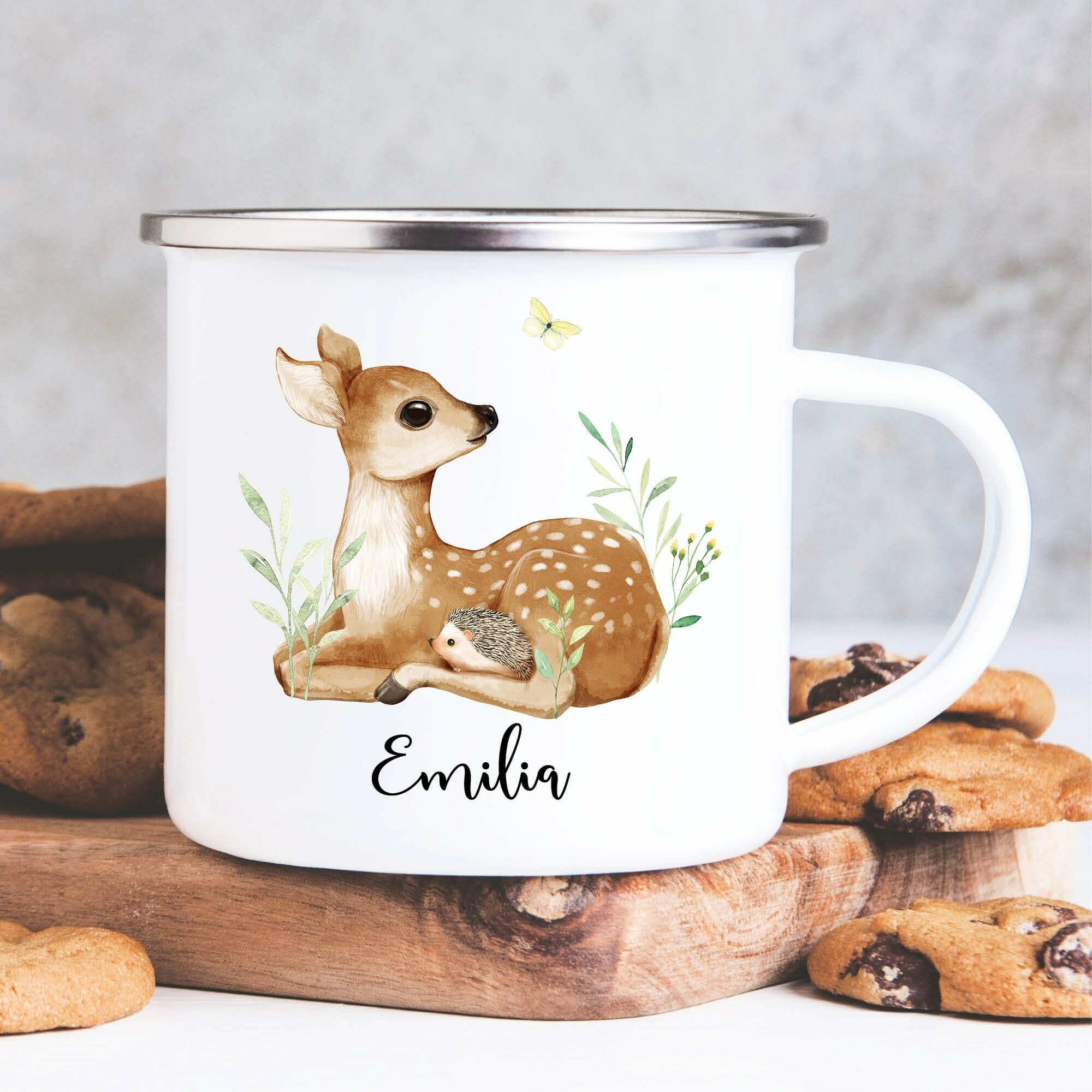 Campingbecher Emaille Herbst Rehkitz mit Igel Becher mit Namen Geburtstagsgeschenk Personalisiert Reh